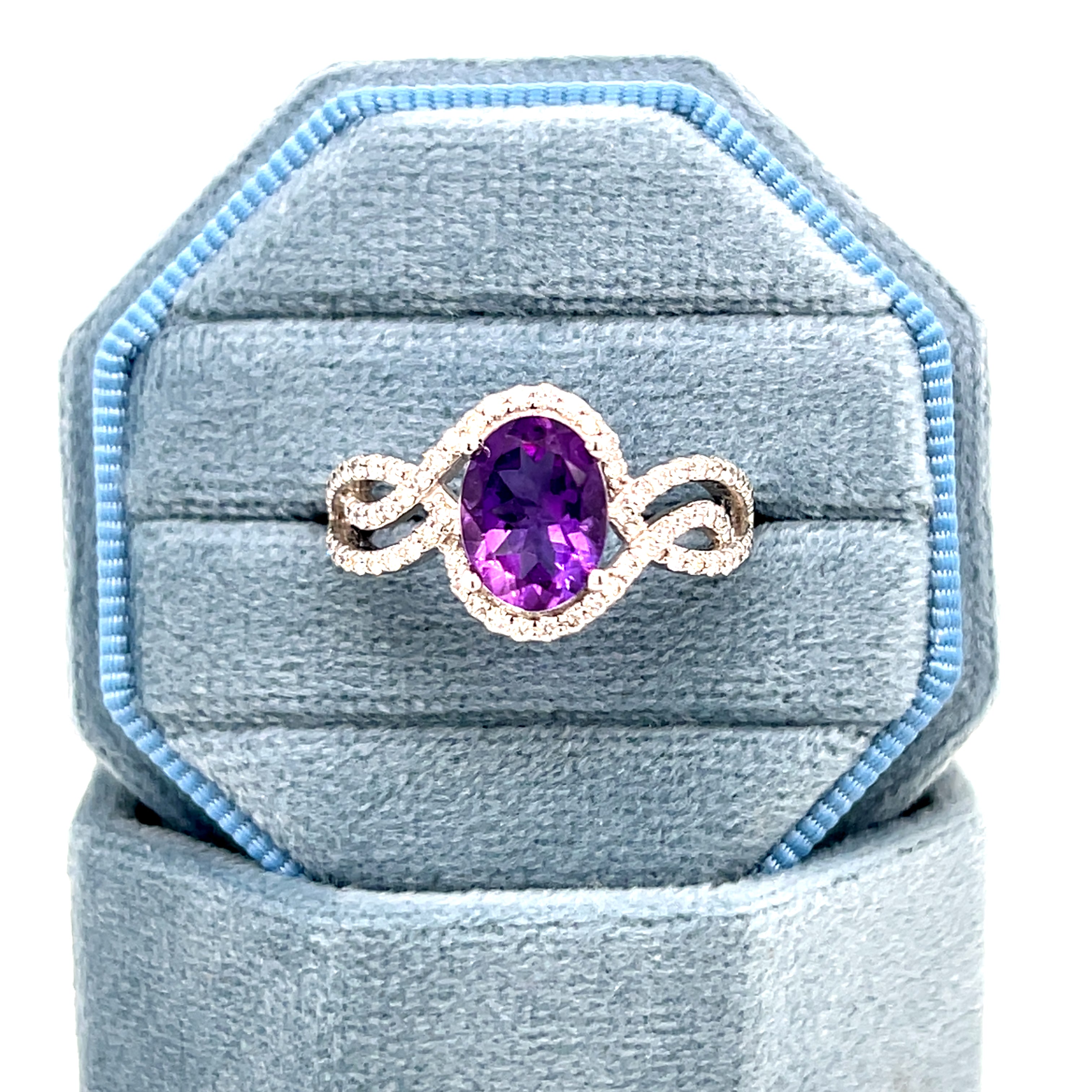 14K White Gold Oval Amethyst & Diamond Twist Design Ring