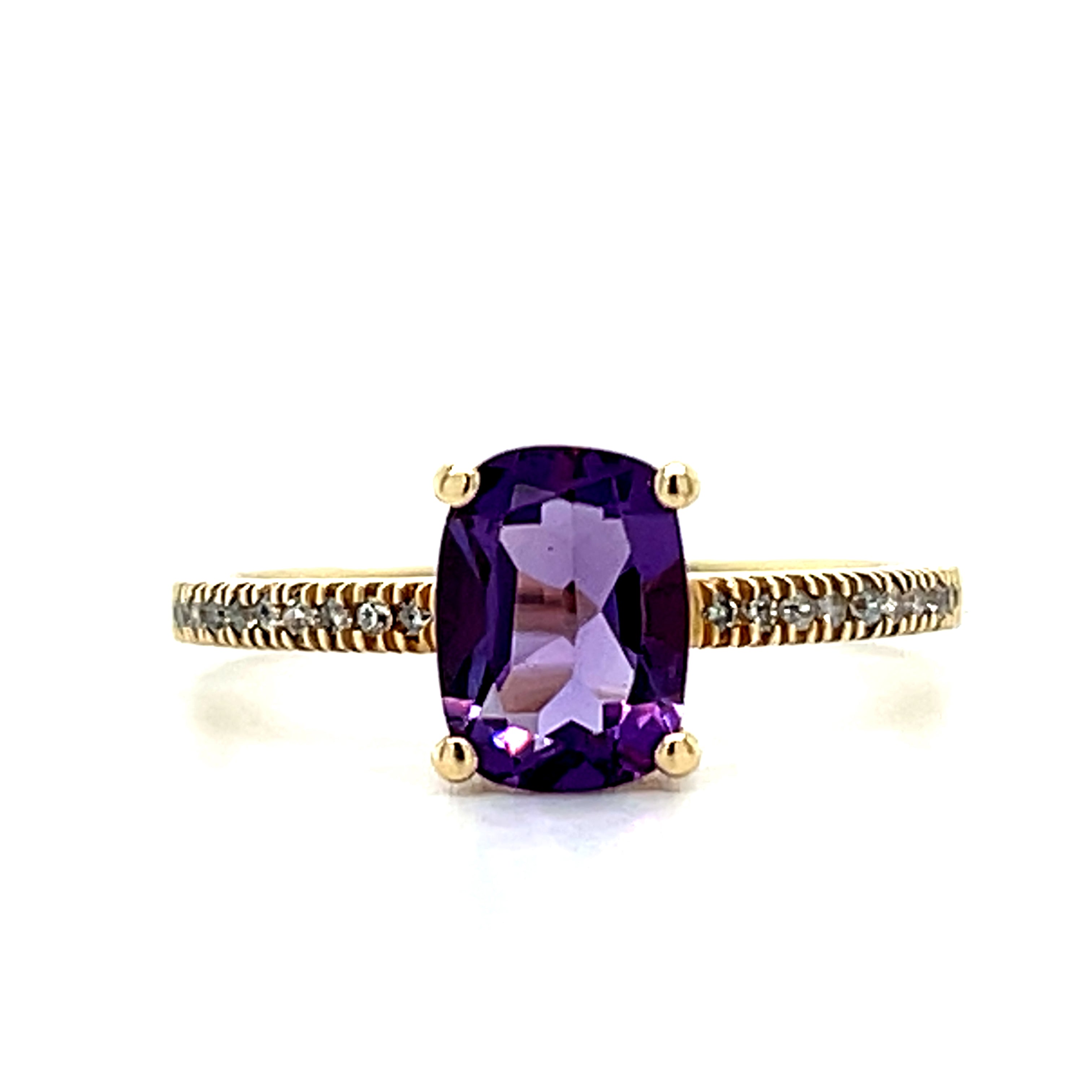 10K Yellow Gold Elongated Cushion Cut Amethyst Ring with a Diamond Accented Band
