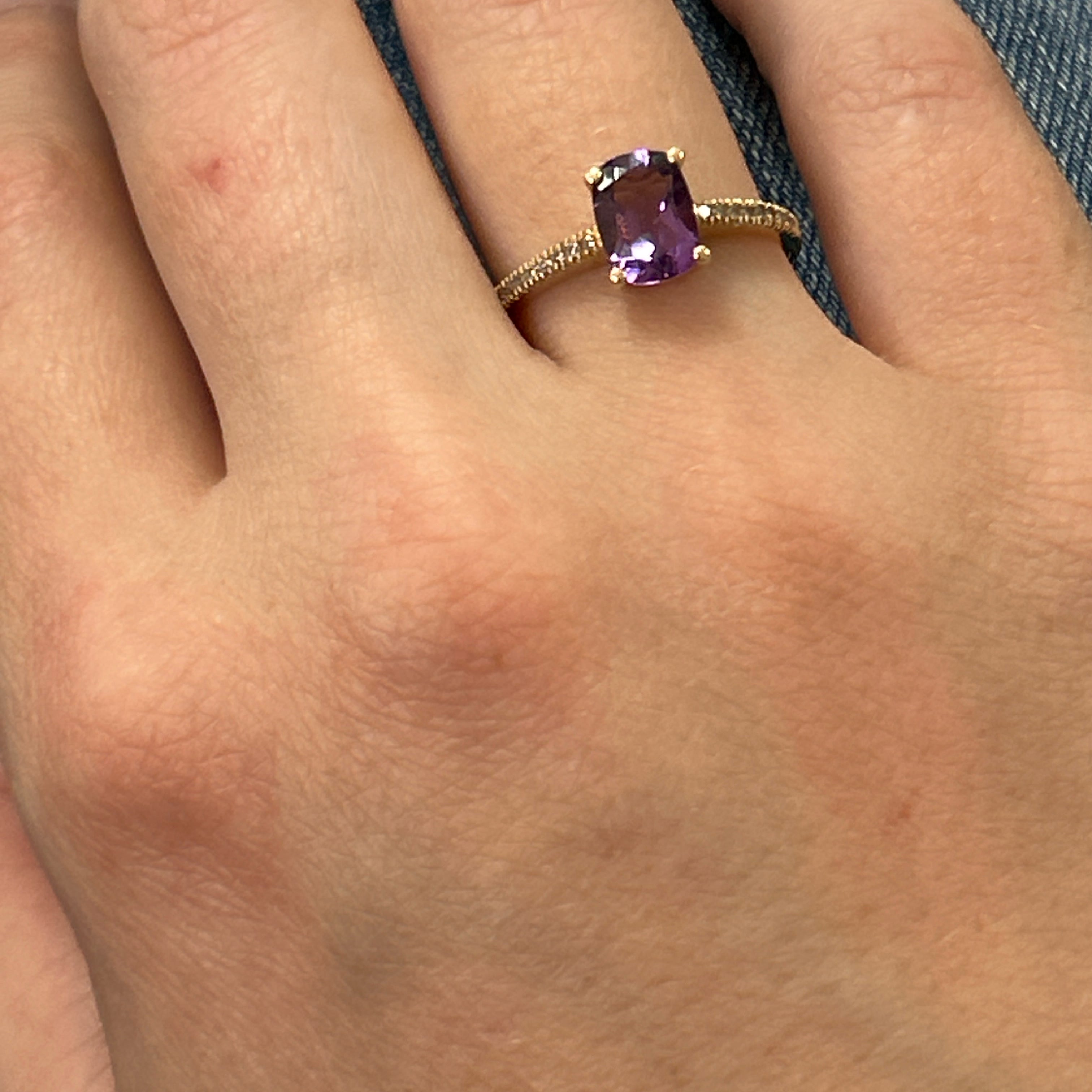 10K Yellow Gold Elongated Cushion Cut Amethyst Ring with a Diamond Accented Band