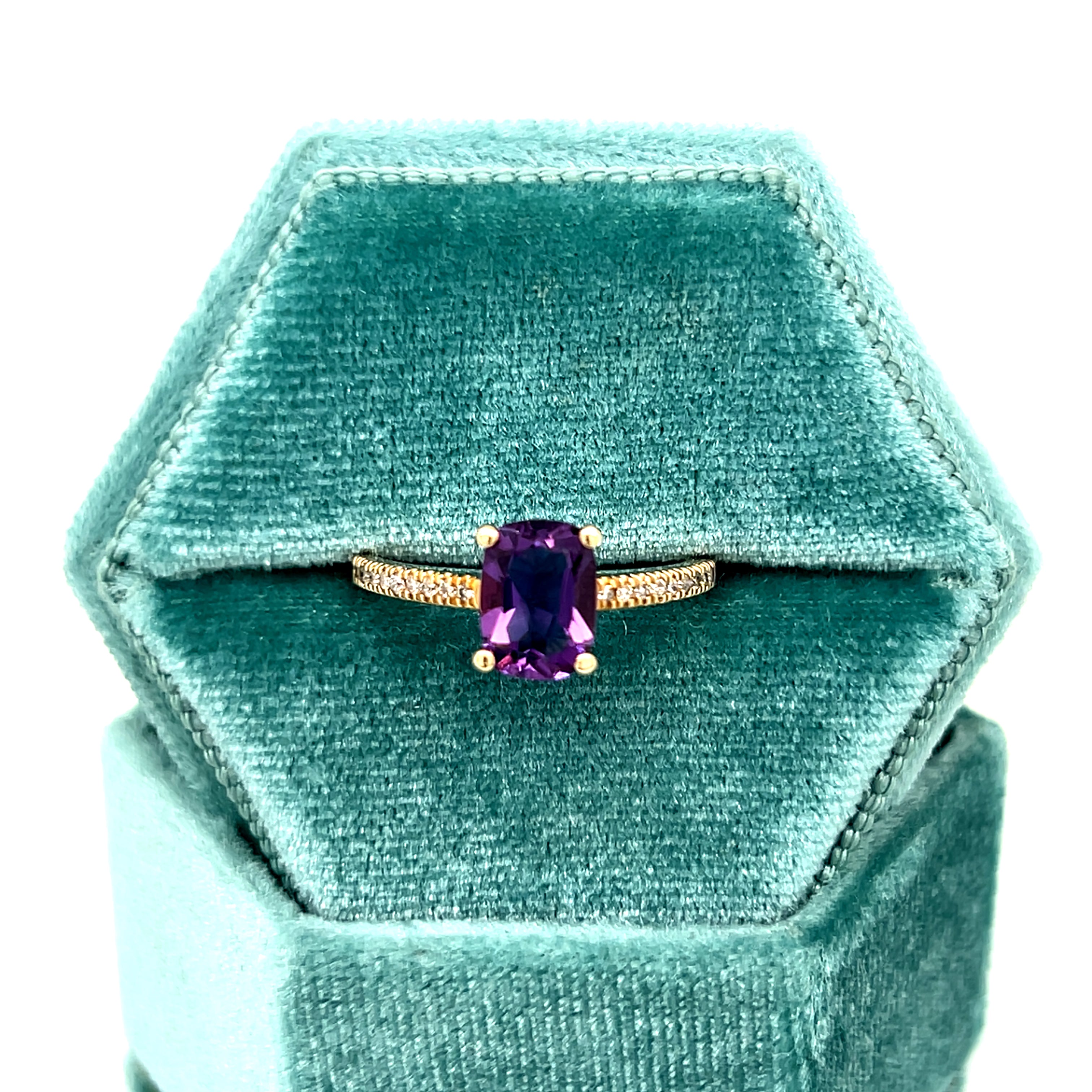 10K Yellow Gold Elongated Cushion Cut Amethyst Ring with a Diamond Accented Band