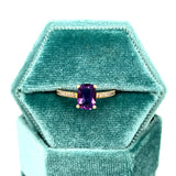 10K Yellow Gold Elongated Cushion Cut Amethyst Ring with a Diamond Accented Band