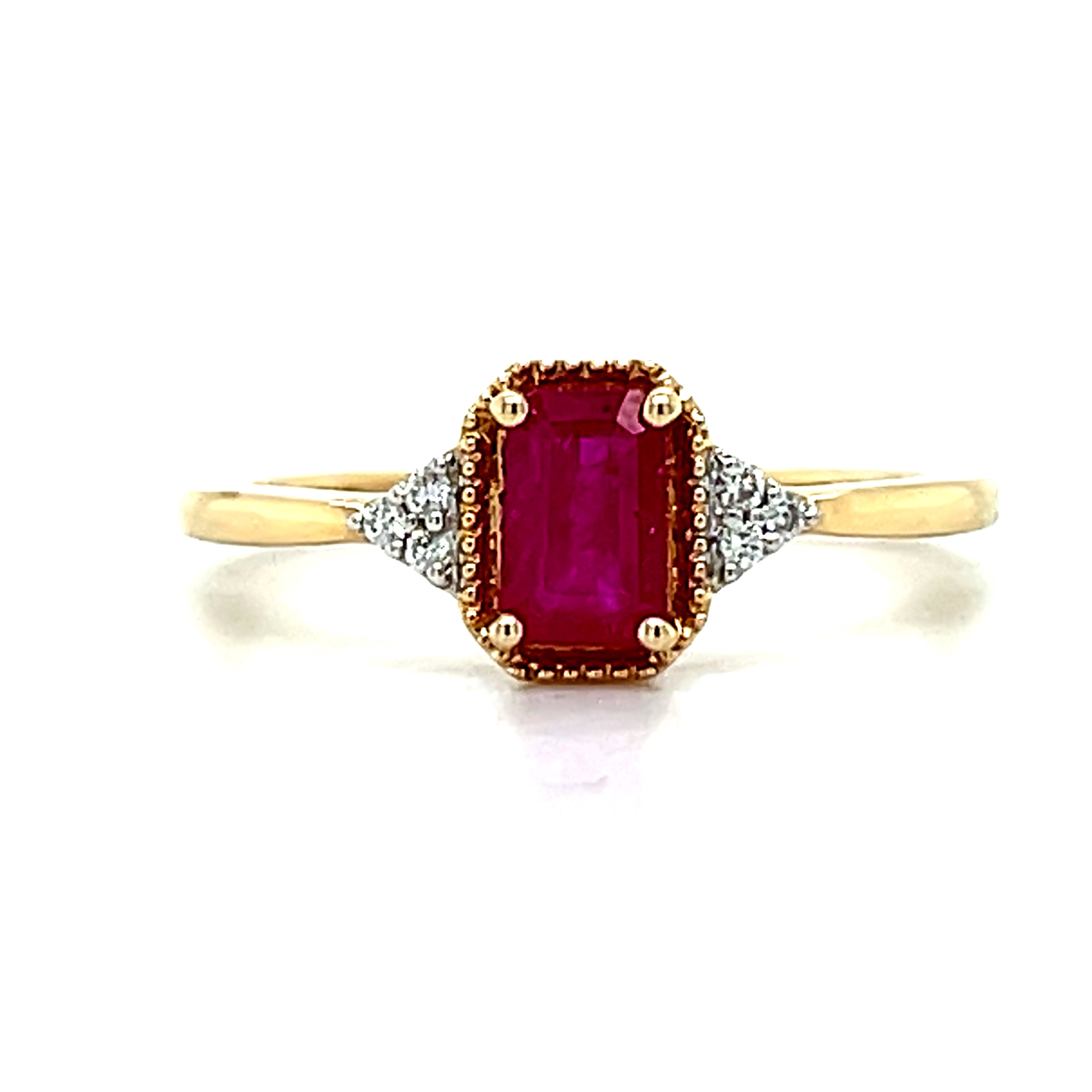 14K Yellow Gold Emerald Cut Ruby Ring with Beading and Diamond Accents