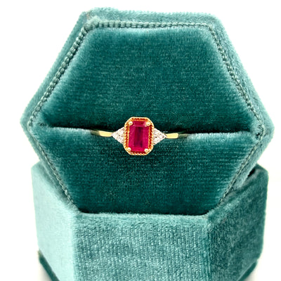 14K Yellow Gold Emerald Cut Ruby Ring with Beading and Diamond Accents