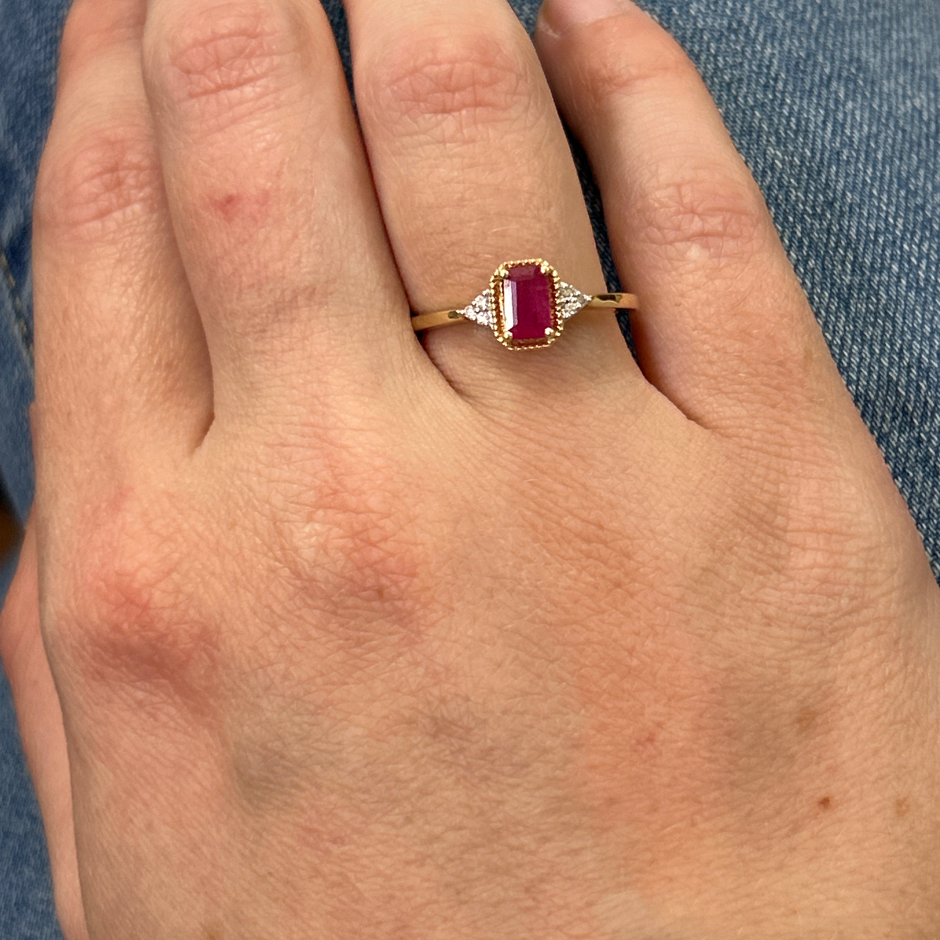14K Yellow Gold Emerald Cut Ruby Ring with Beading and Diamond Accents