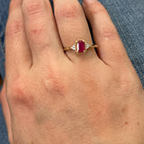 14K Yellow Gold Emerald Cut Ruby Ring with Beading and Diamond Accents