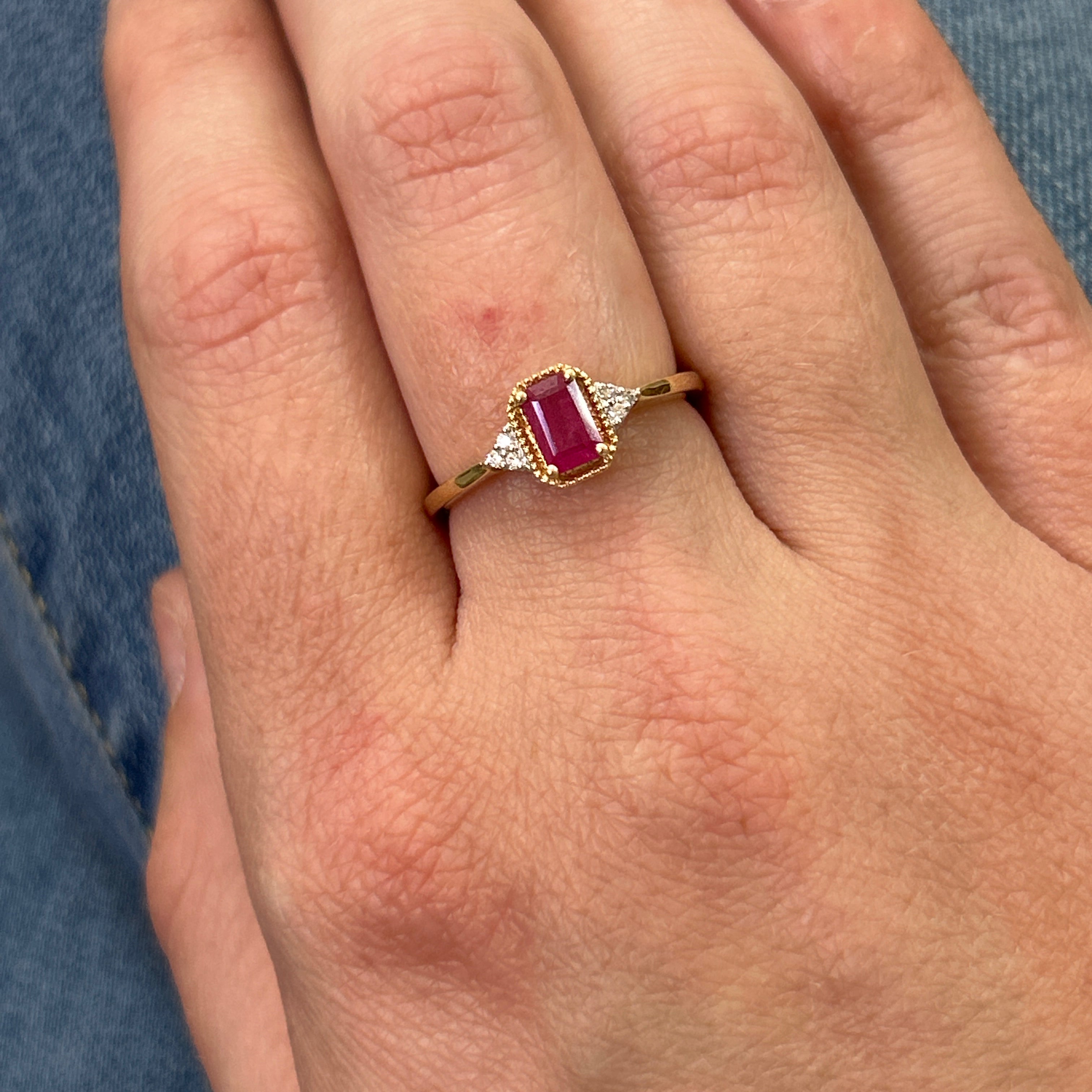 14K Yellow Gold Emerald Cut Ruby Ring with Beading and Diamond Accents