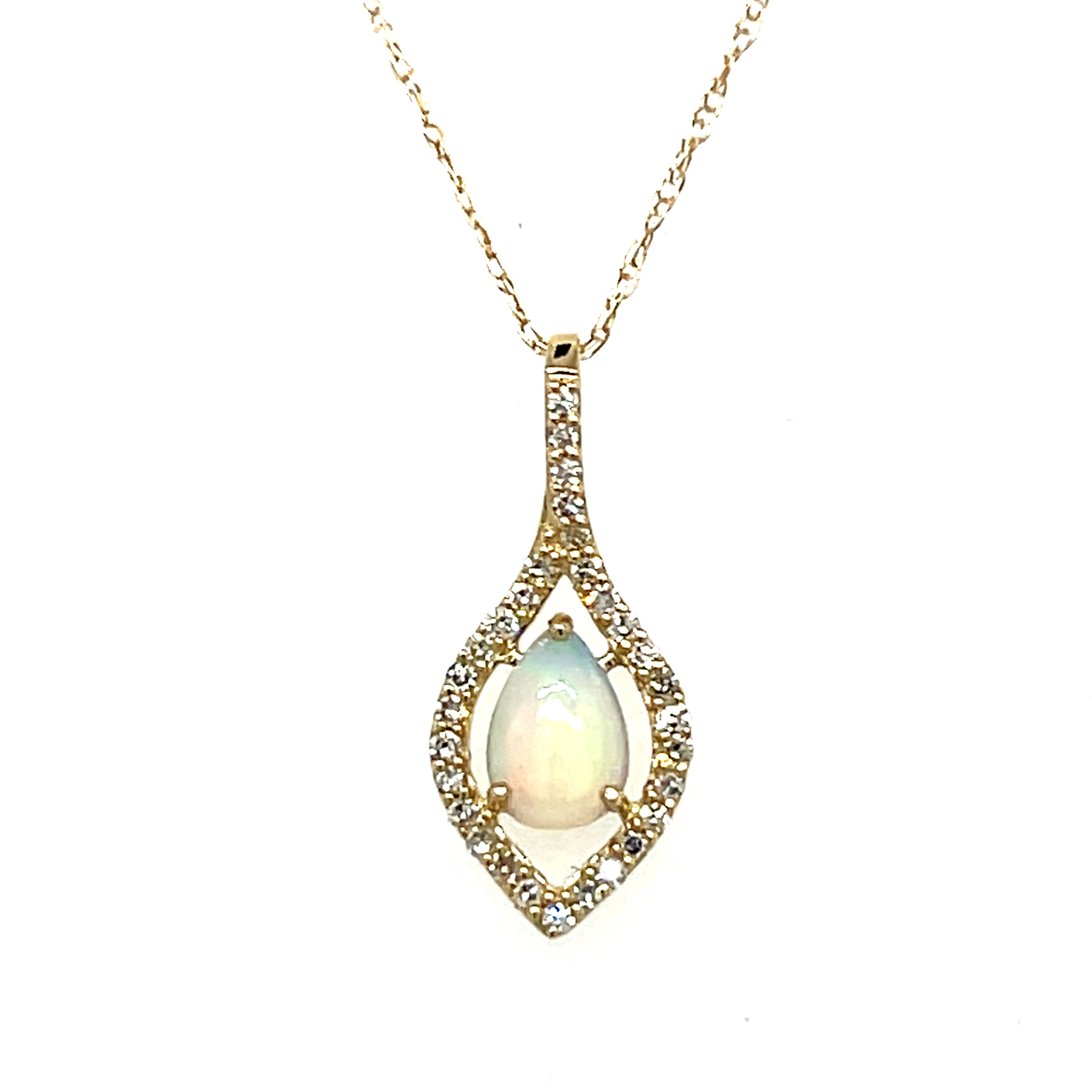 14K Yellow Gold 0.30CT Teardrop Opal and 0.10 Carat Total Weight Diamond Pendant