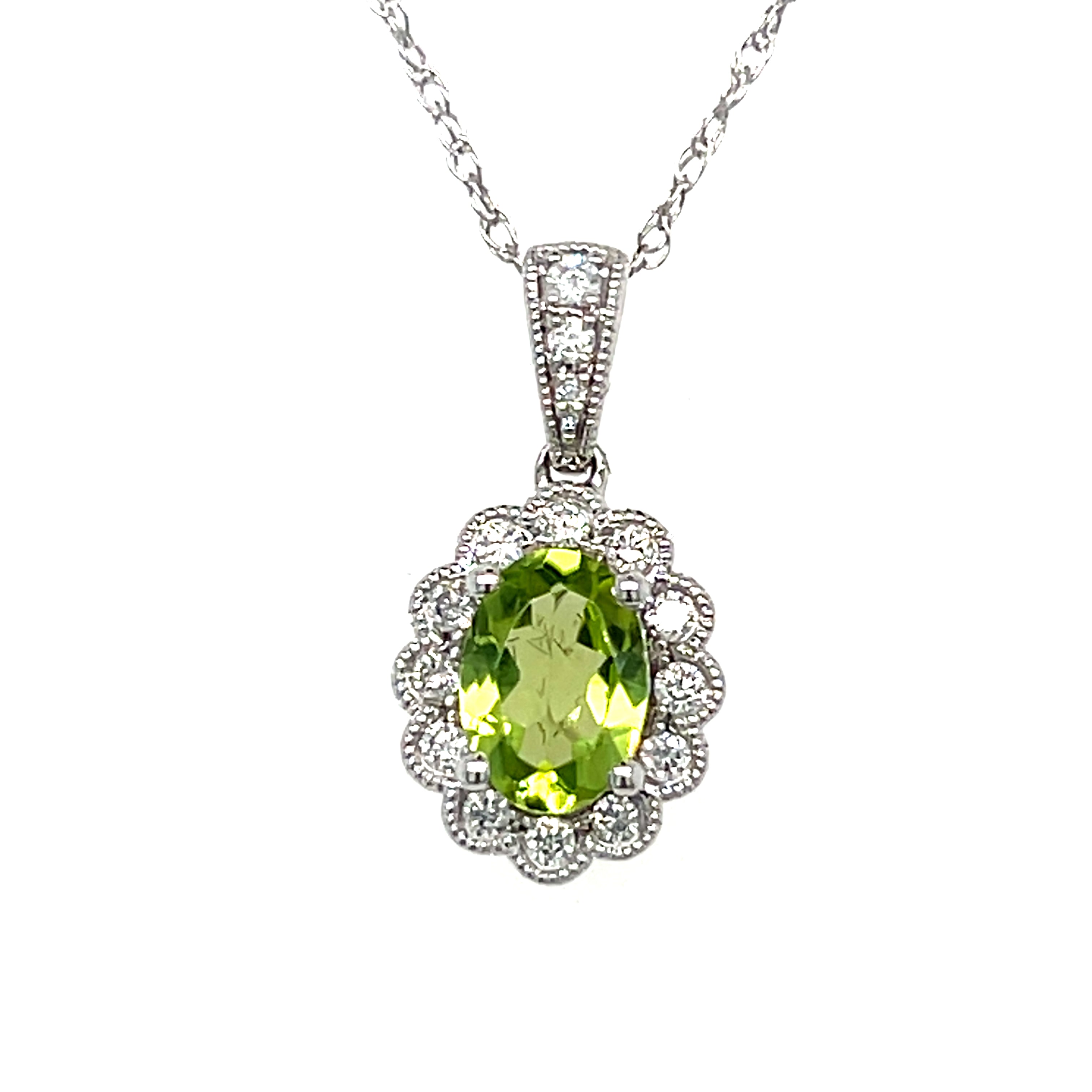 10K White Gold Oval Peridot and 0.15 Carat Total Weight Floral Diamond Pendant