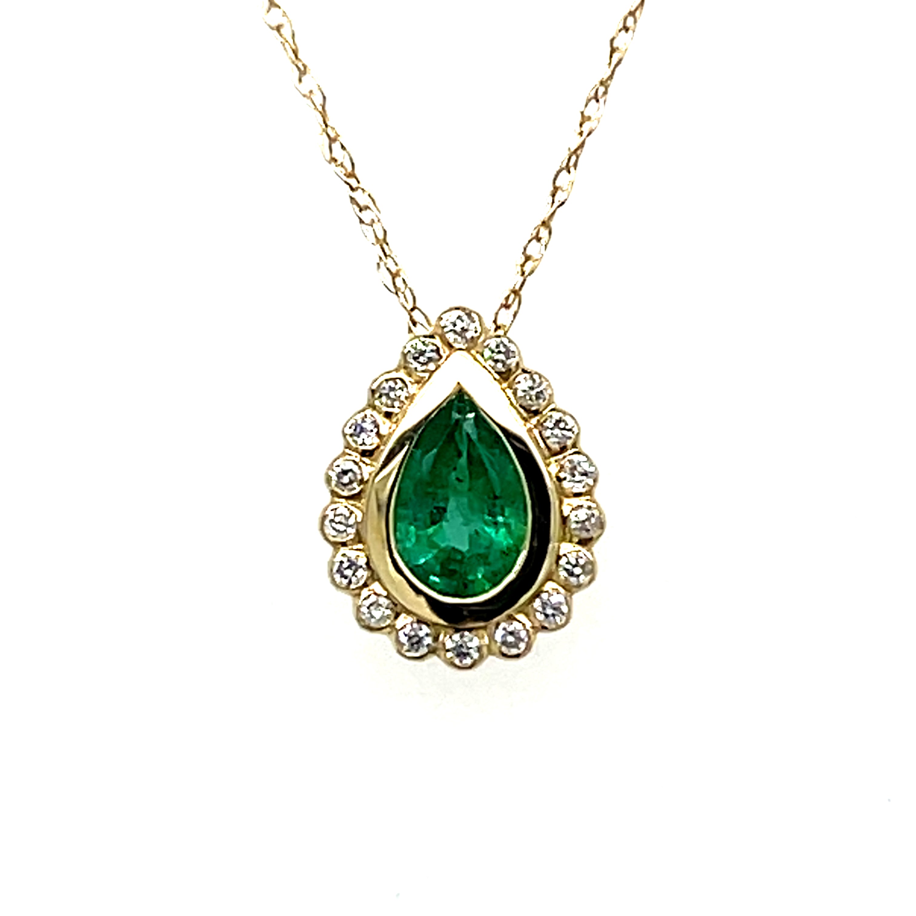 14K Yellow Gold 0.40CT Teardrop Emerald and 0.07 Carat Total Weight Diamond Pendant