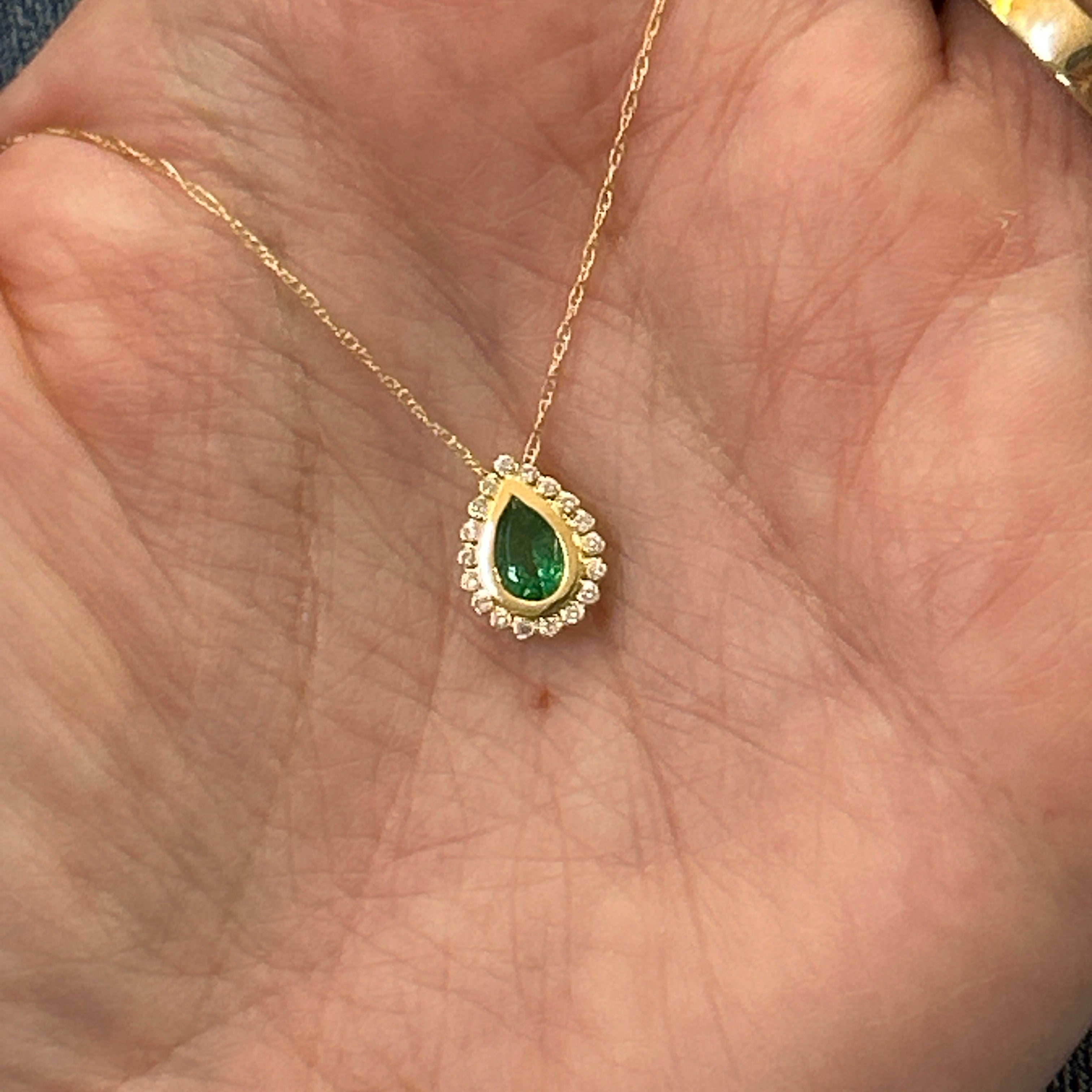 14K Yellow Gold 0.40CT Teardrop Emerald and 0.07 Carat Total Weight Diamond Pendant