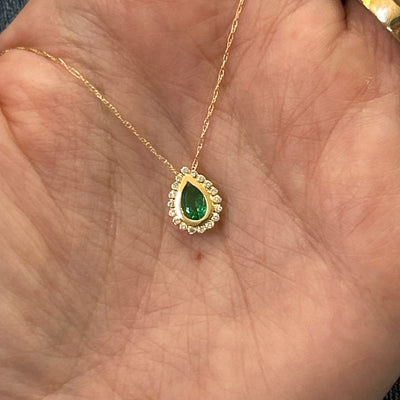 14K Yellow Gold 0.40CT Teardrop Emerald and 0.07 Carat Total Weight Diamond Pendant