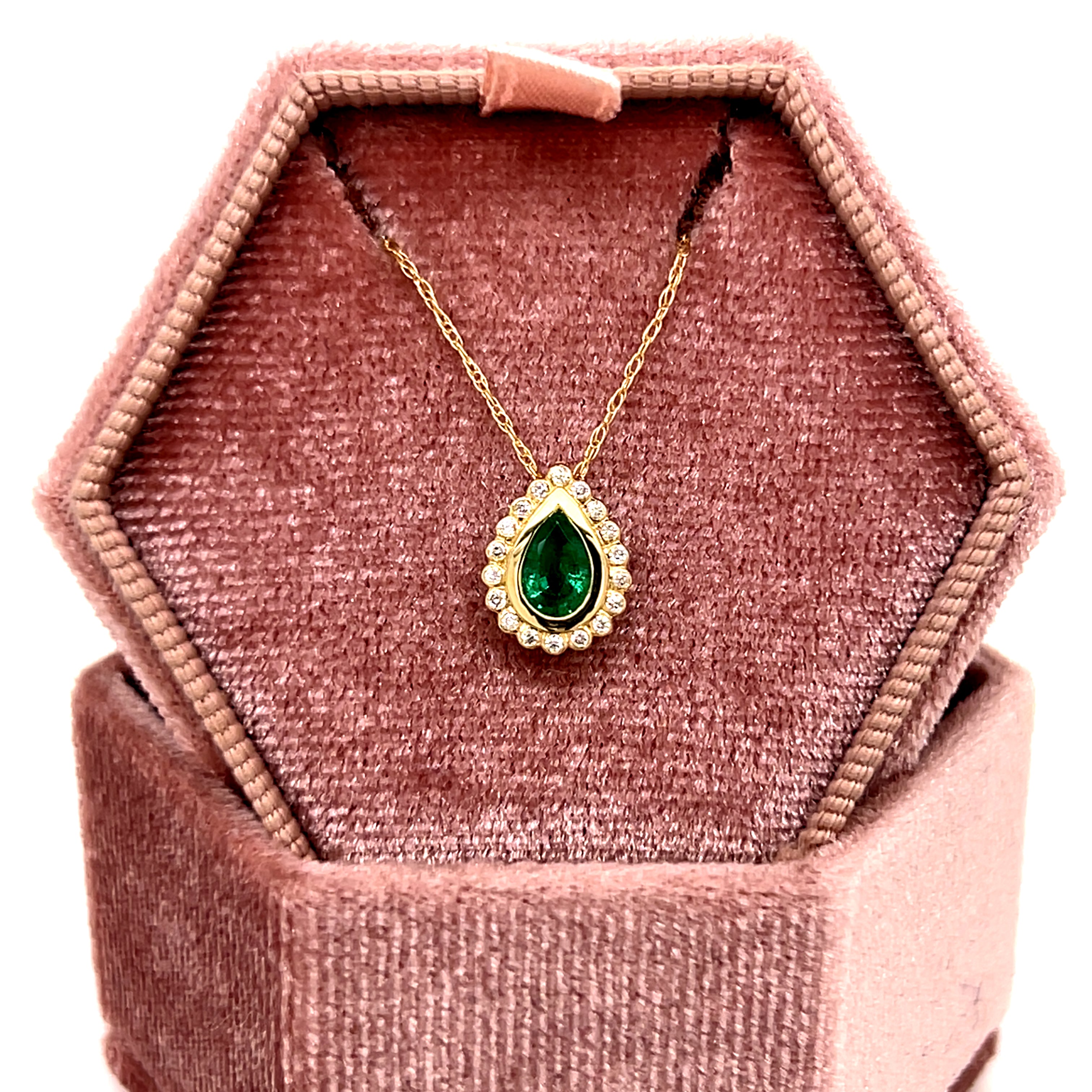 14K Yellow Gold 0.40CT Teardrop Emerald and 0.07 Carat Total Weight Diamond Pendant