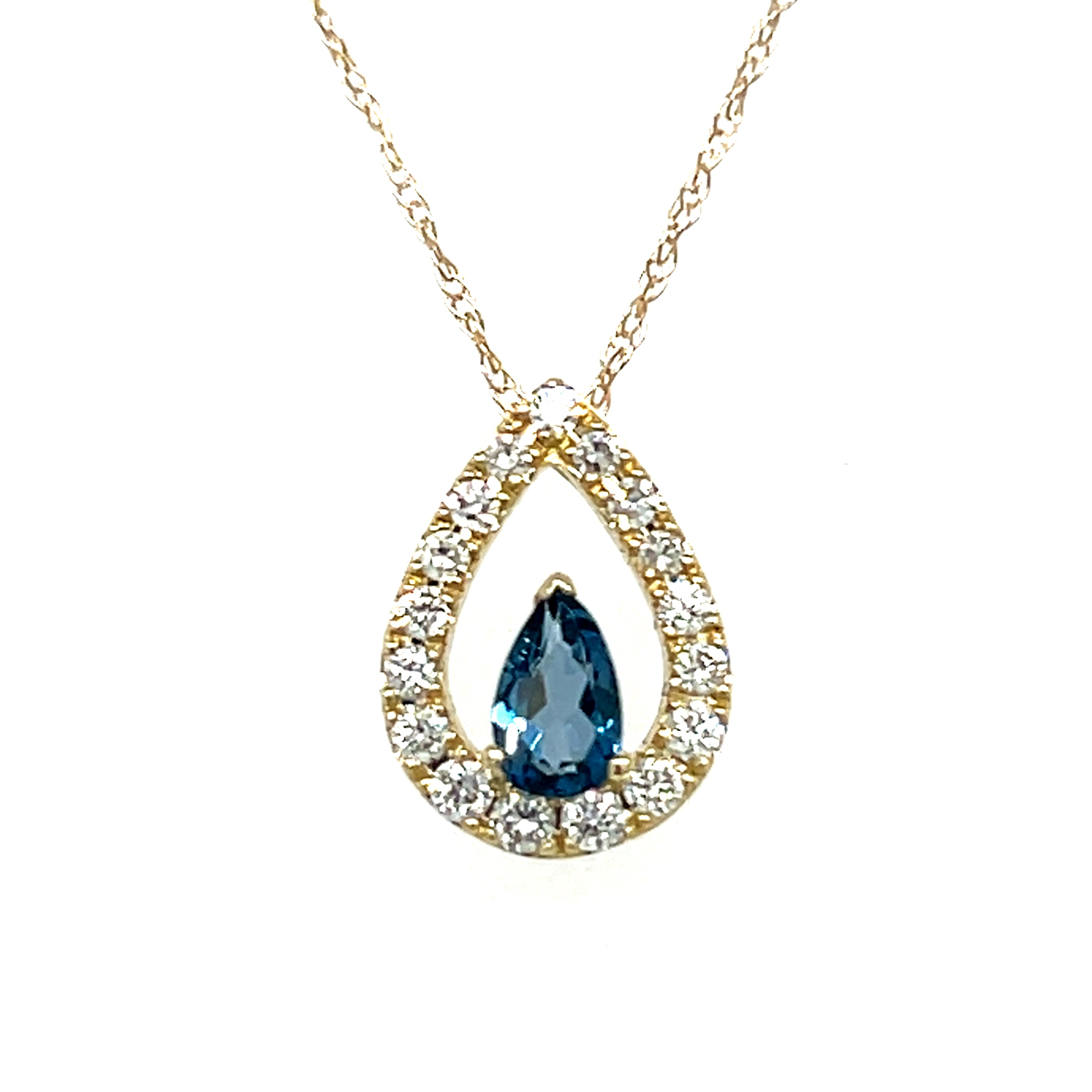 10K Yellow Gold 0.25CT Teardrop London Blue Topaz and 0.18 Carat Total Weight Diamond Pendant