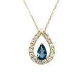 10K Yellow Gold 0.25CT Teardrop London Blue Topaz and 0.18 Carat Total Weight Diamond Pendant