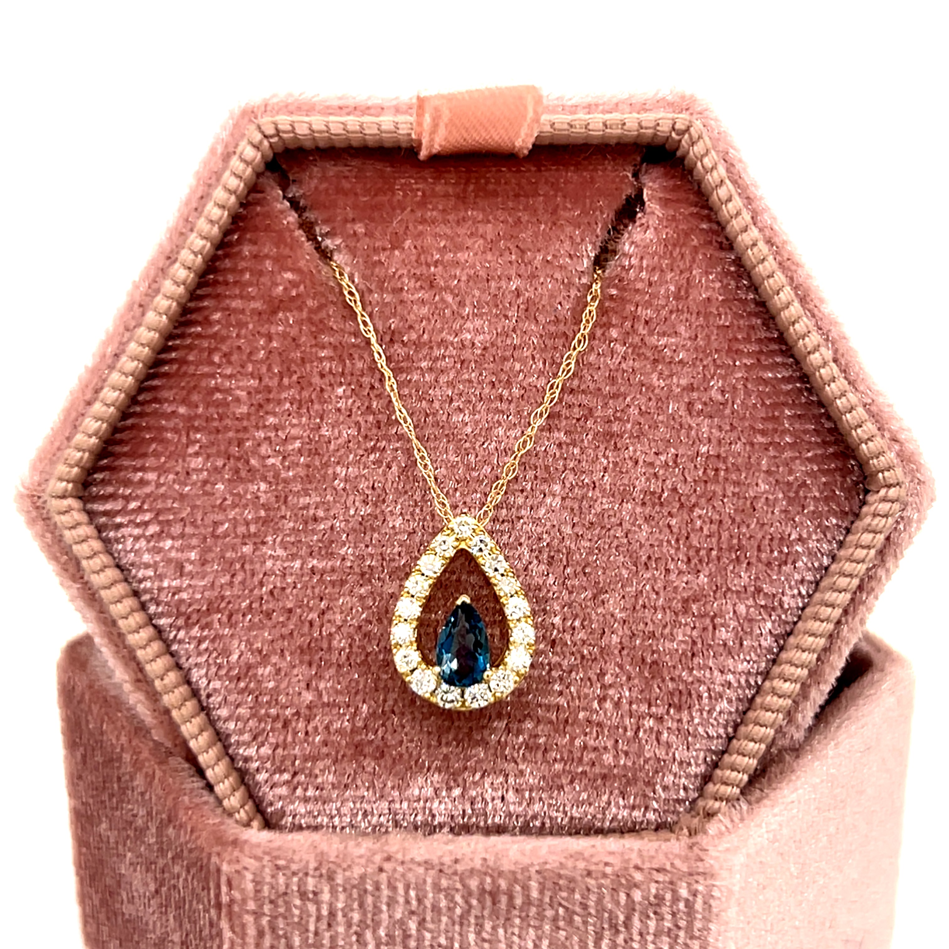 10K Yellow Gold 0.25CT Teardrop London Blue Topaz and 0.18 Carat Total Weight Diamond Pendant