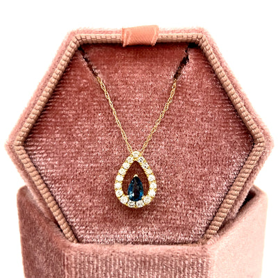 10K Yellow Gold 0.25CT Teardrop London Blue Topaz and 0.18 Carat Total Weight Diamond Pendant