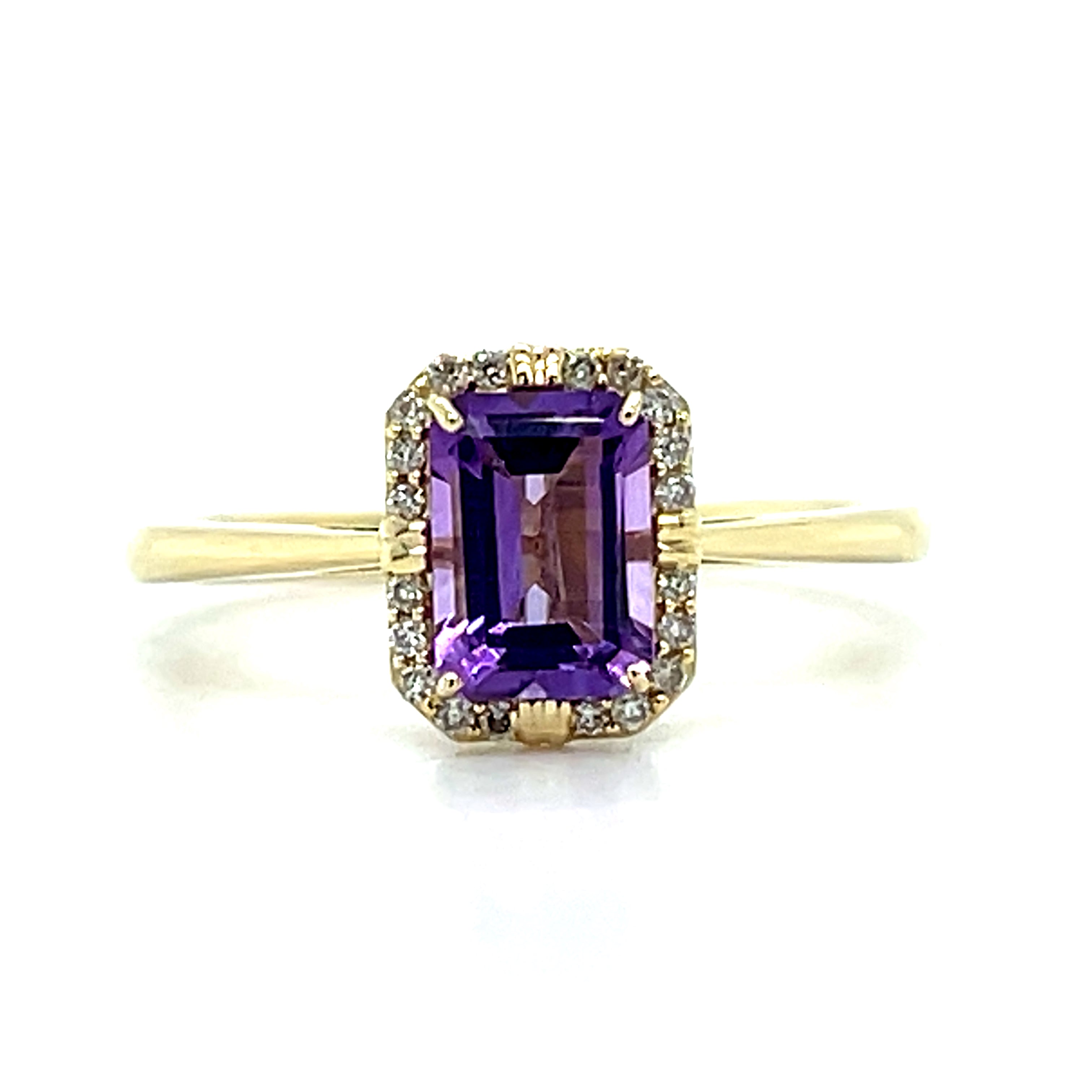 10K Yellow Gold 1,00CT Emerald-Cut Amethyst and 0.08 Carat Total Weight Diamond Ring