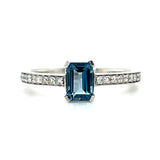 10K White Gold 3/4CT Emerald-Cut London Blue Topaz and 0.17 Carat Total Weight Diamond Ring