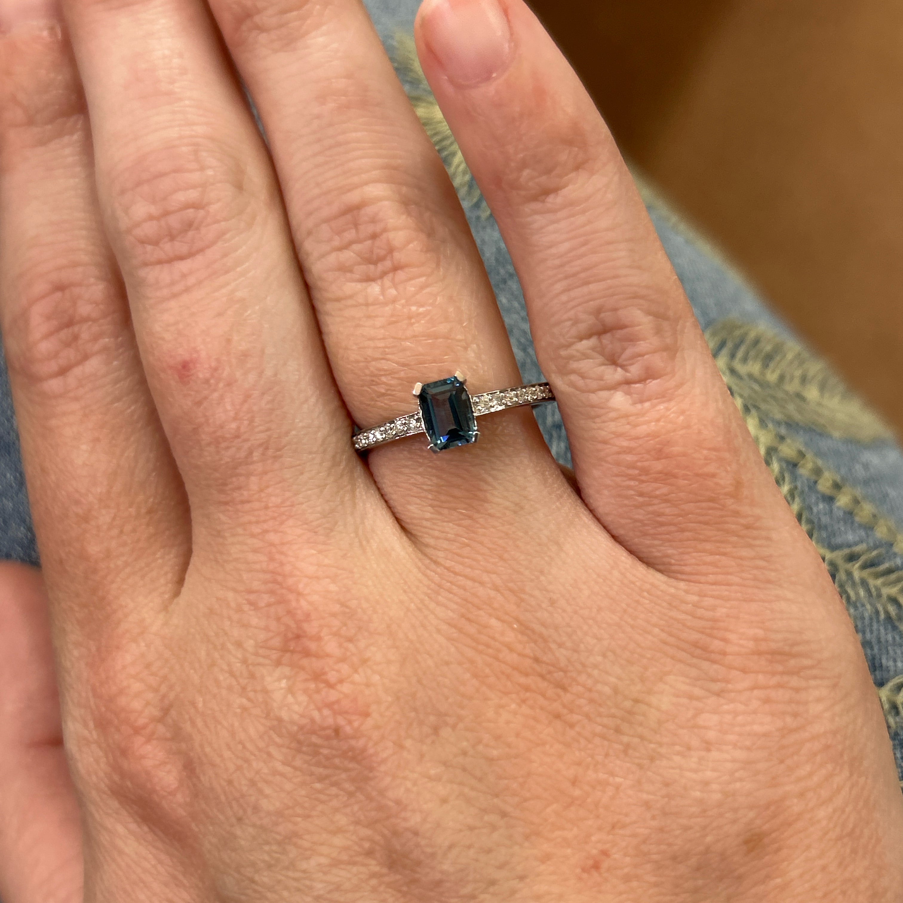 10K White Gold 3/4CT Emerald-Cut London Blue Topaz and 0.17 Carat Total Weight Diamond Ring