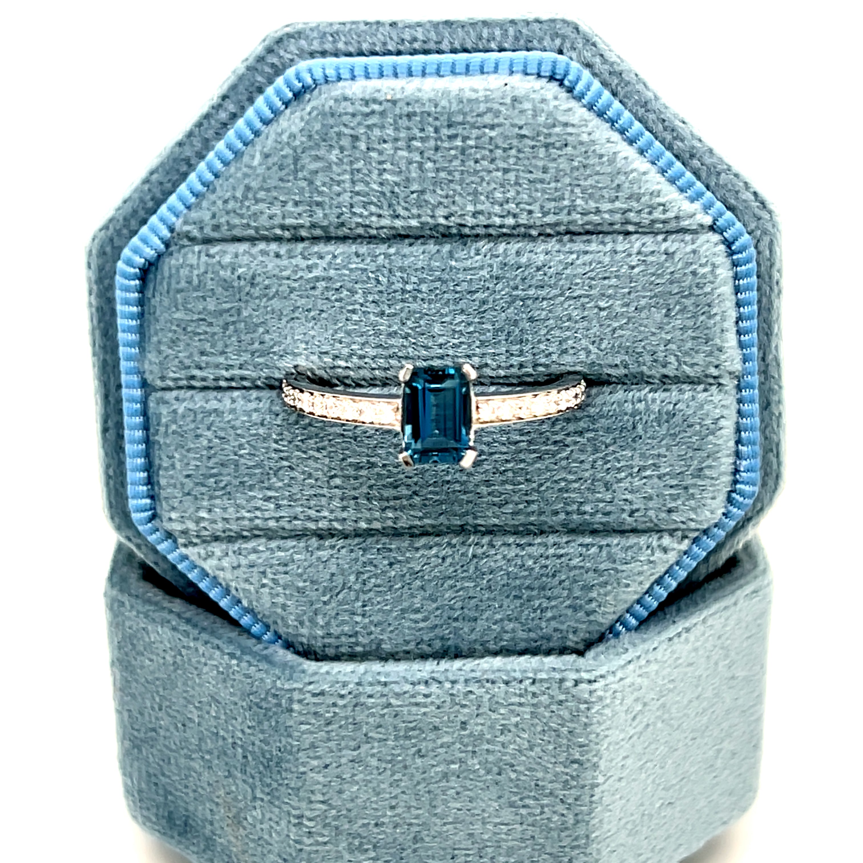 10K White Gold 3/4CT Emerald-Cut London Blue Topaz and 0.17 Carat Total Weight Diamond Ring