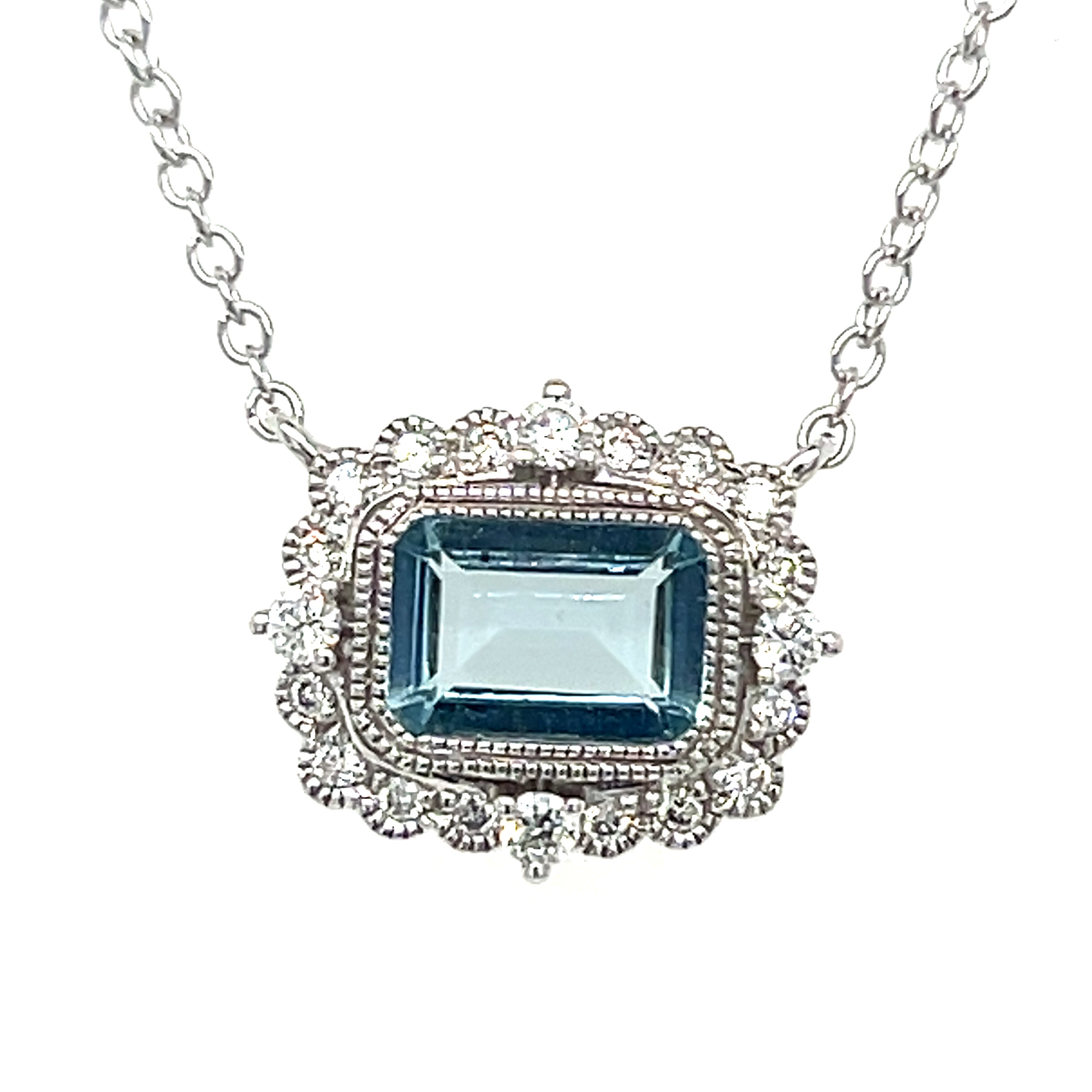 14K White Gold 0.84CT 7X5 Aquamarine and 0.18 Carat Total Weight Diamond Pendant