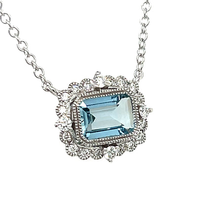 14K White Gold 0.84CT 7X5 Aquamarine and 0.18 Carat Total Weight Diamond Pendant