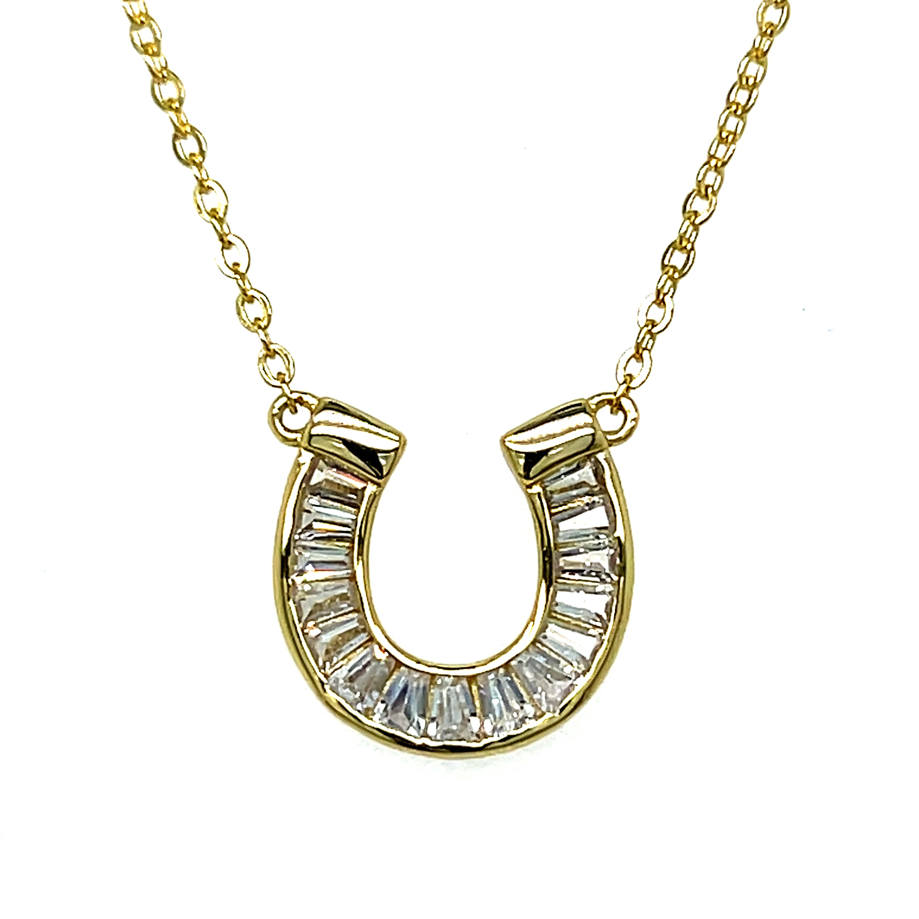 Sterling Silver Gold Plated Baguette Cubic Zirconia ~12x13mm Horseshoe Necklace