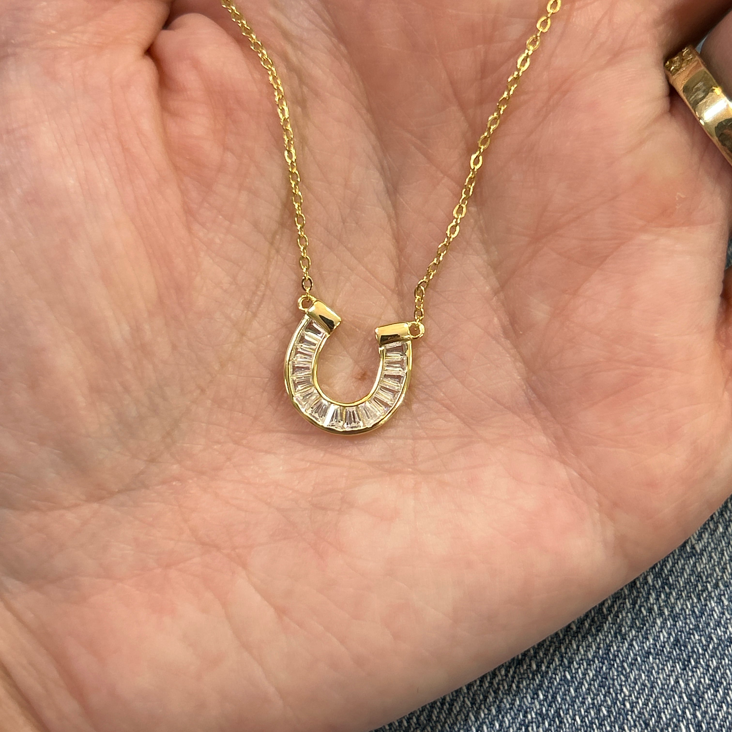 Sterling Silver Gold Plated Baguette Cubic Zirconia ~12x13mm Horseshoe Necklace