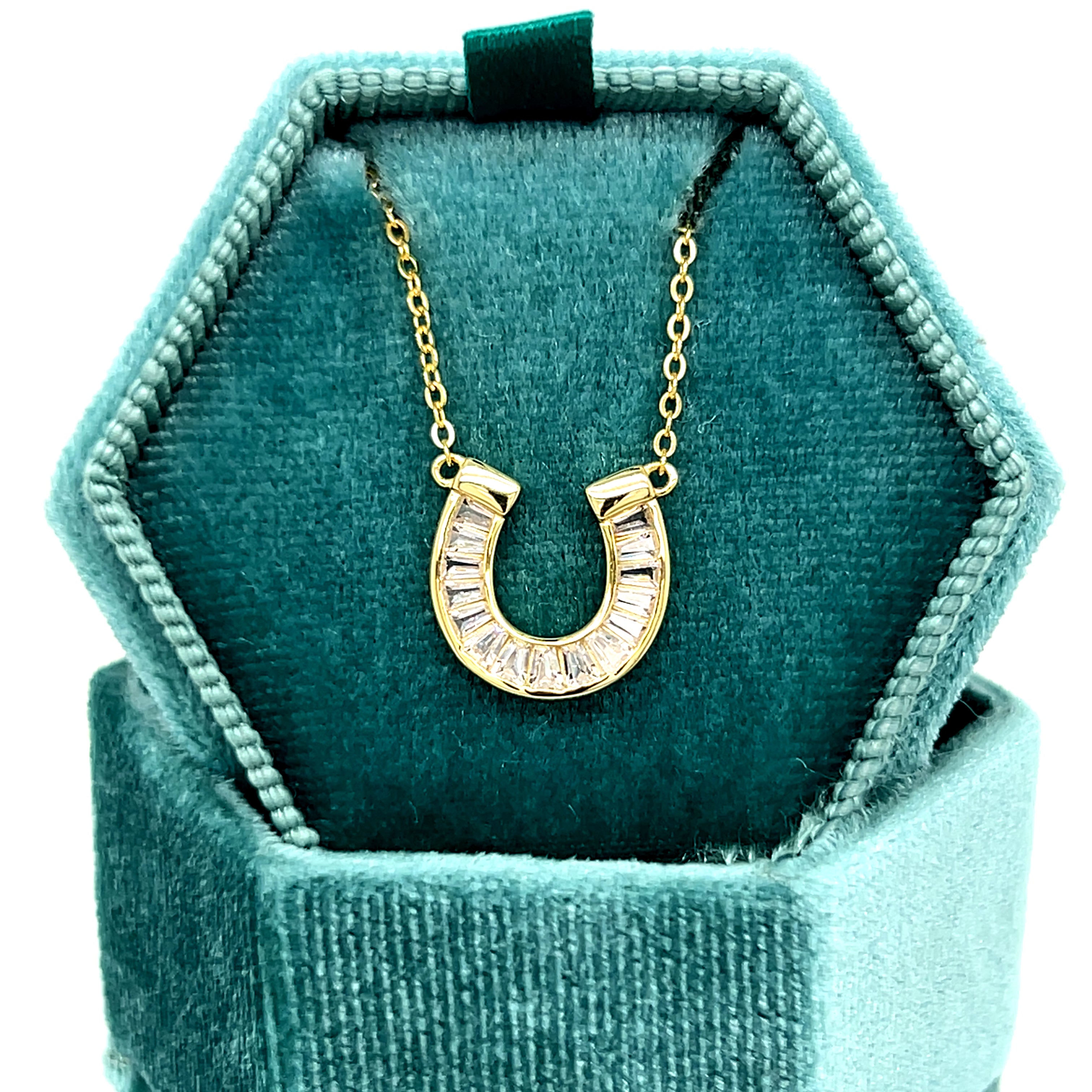 Sterling Silver Gold Plated Baguette Cubic Zirconia ~12x13mm Horseshoe Necklace