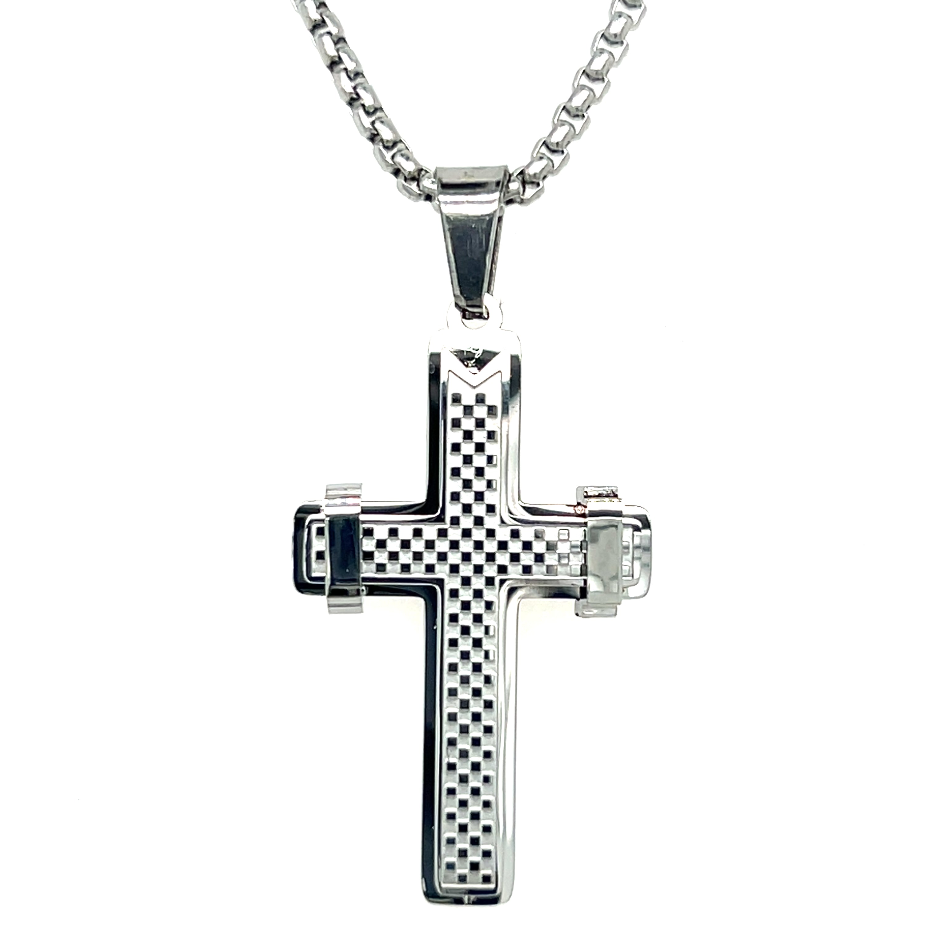 Men's Stainless Steel ~29x18mm Checkered Cross Necklace