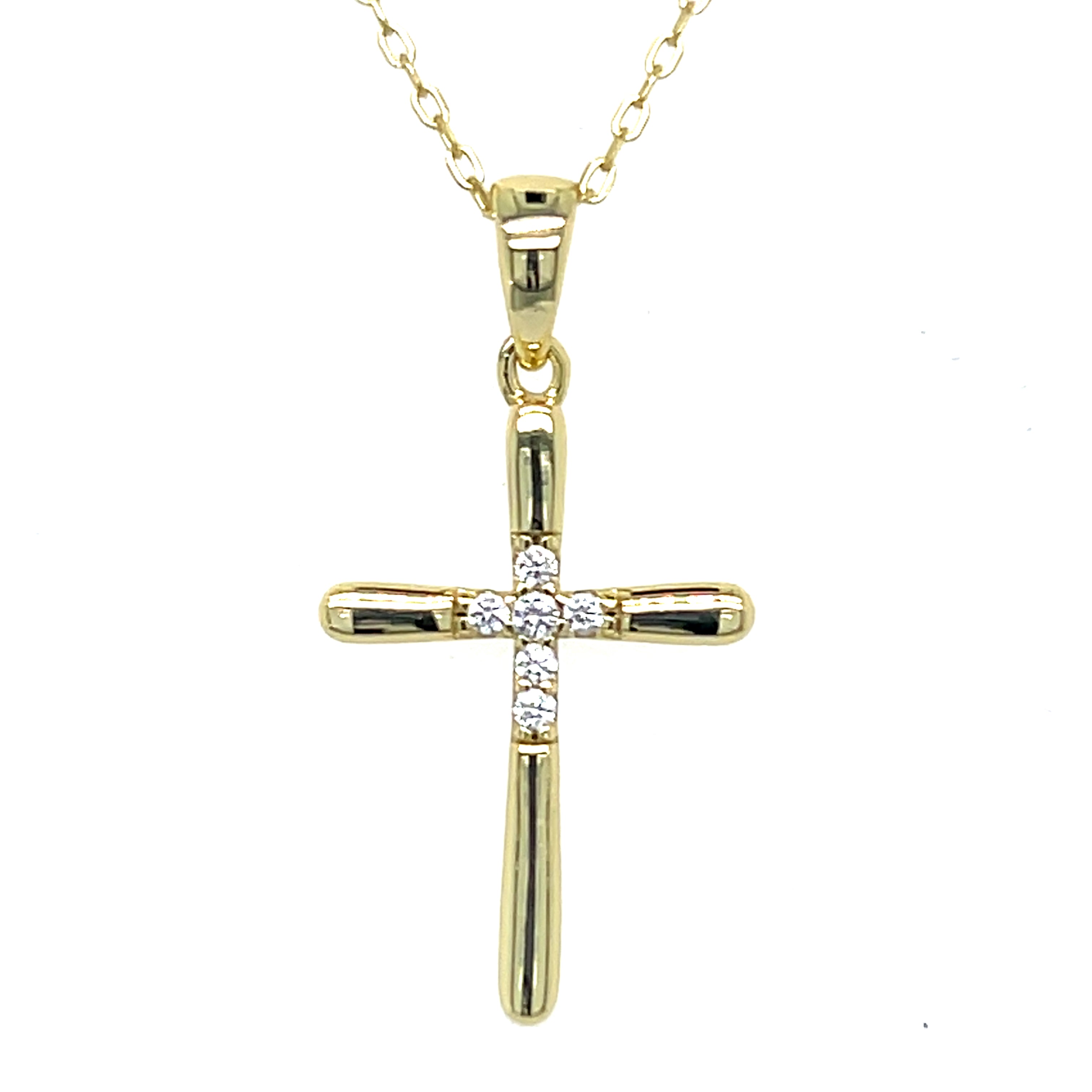 Sterling Silver Gold Plated Polished and Cubic Zirconia Cross Necklace 16+2"