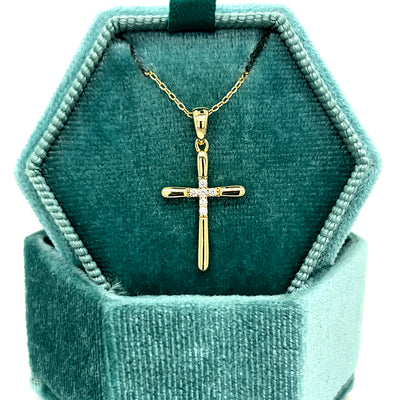 Sterling Silver Gold Plated Polished and Cubic Zirconia Cross Necklace 16+2"