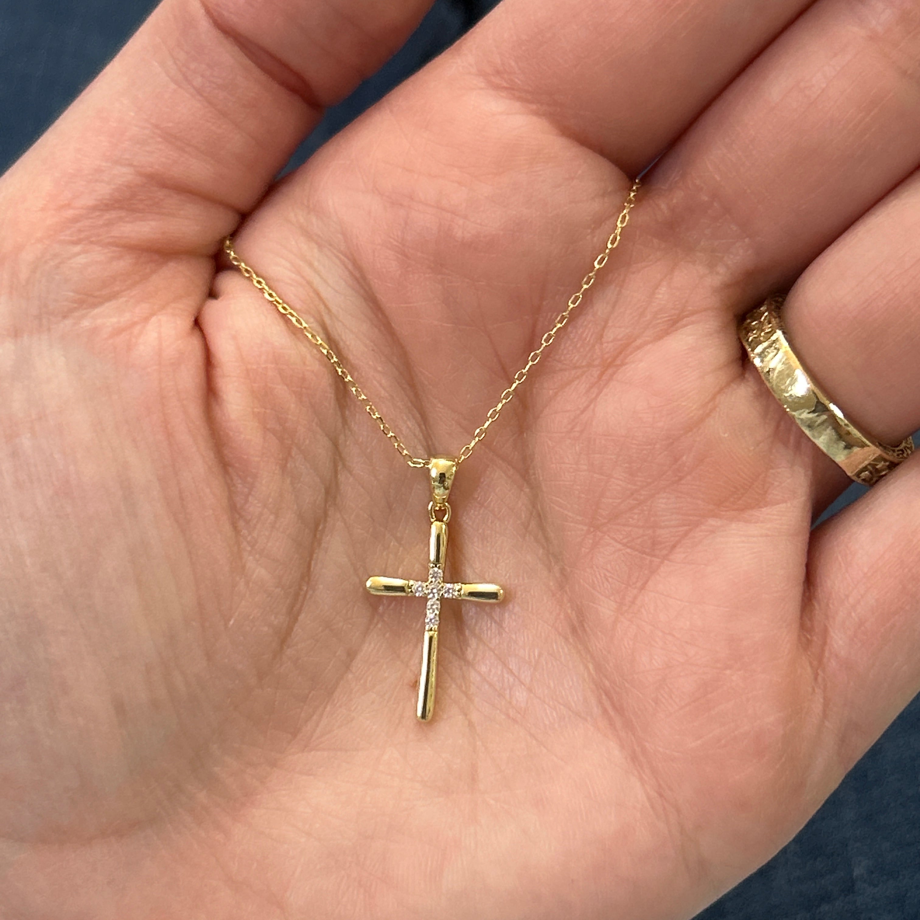 Sterling Silver Gold Plated Polished and Cubic Zirconia Cross Necklace 16+2"