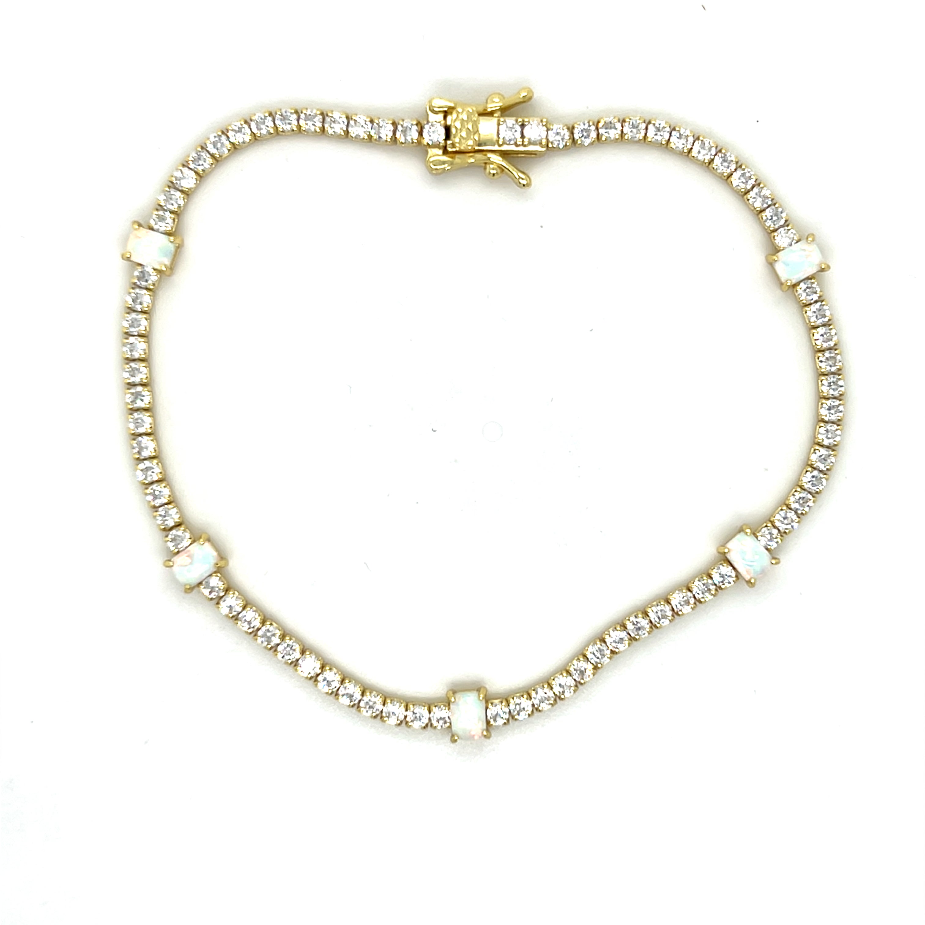 Sterling Silver Gold Plated ~4x3mm 4-prong Rectangle Opal and Cubic Zirconia Bracelet 7.5"