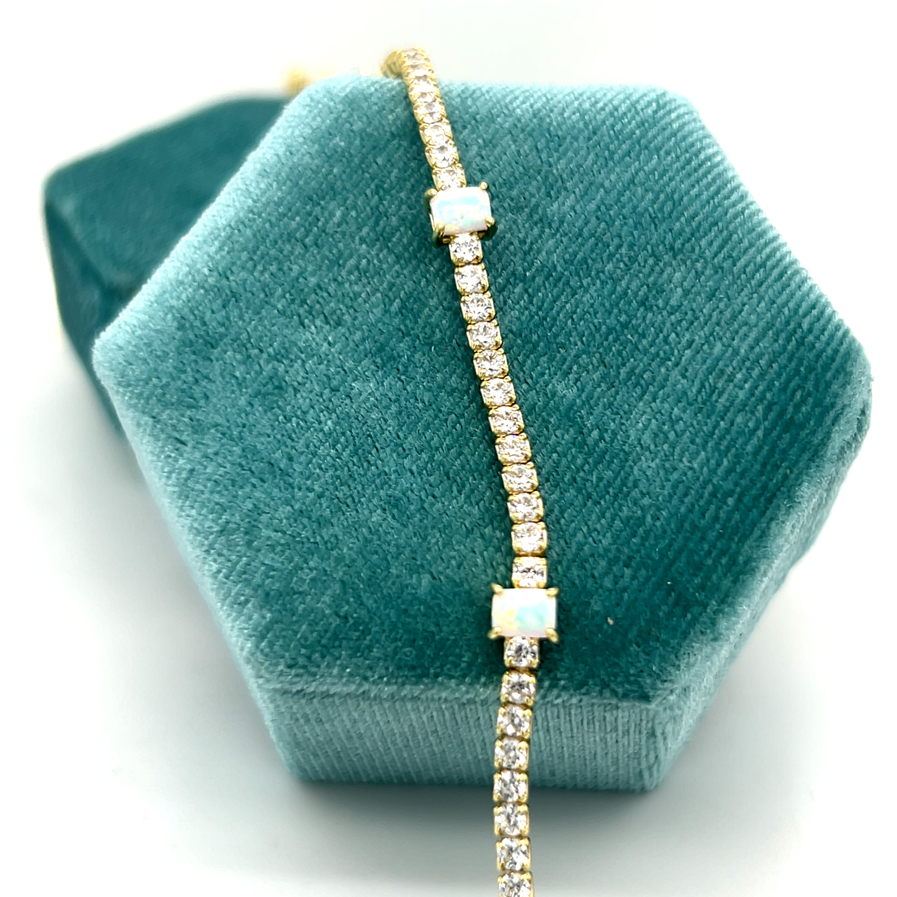 Sterling Silver Gold Plated ~4x3mm 4-prong Rectangle Opal and Cubic Zirconia Bracelet 7.5"