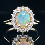 14K Yellow Gold Oval Opal Cabochon & Diamond Halo Ring