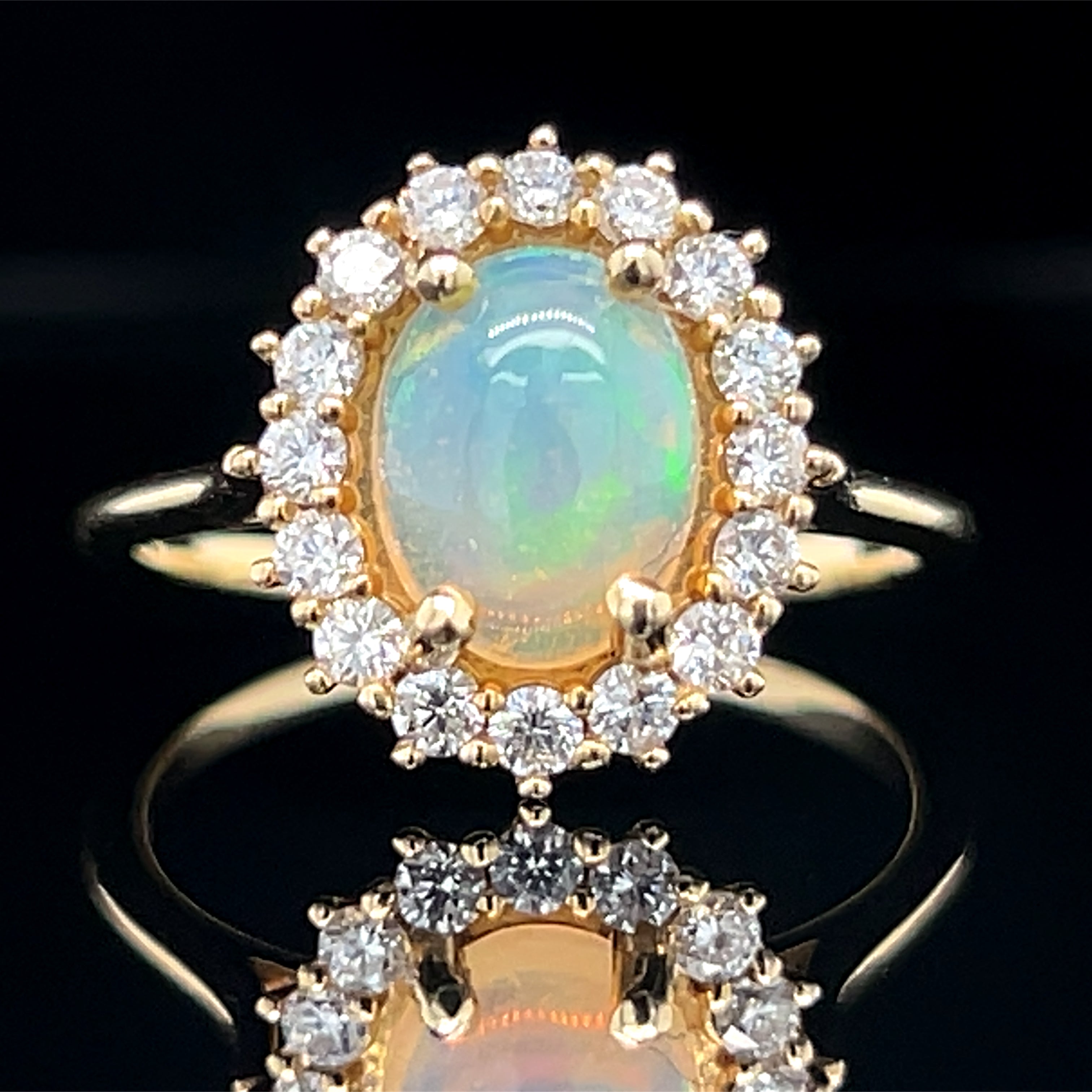 14K Yellow Gold Oval Opal Cabochon & Diamond Halo Ring
