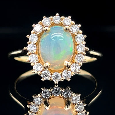 14K Yellow Gold Oval Opal Cabochon & Diamond Halo Ring
