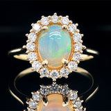 14K Yellow Gold Oval Opal Cabochon & Diamond Halo Ring