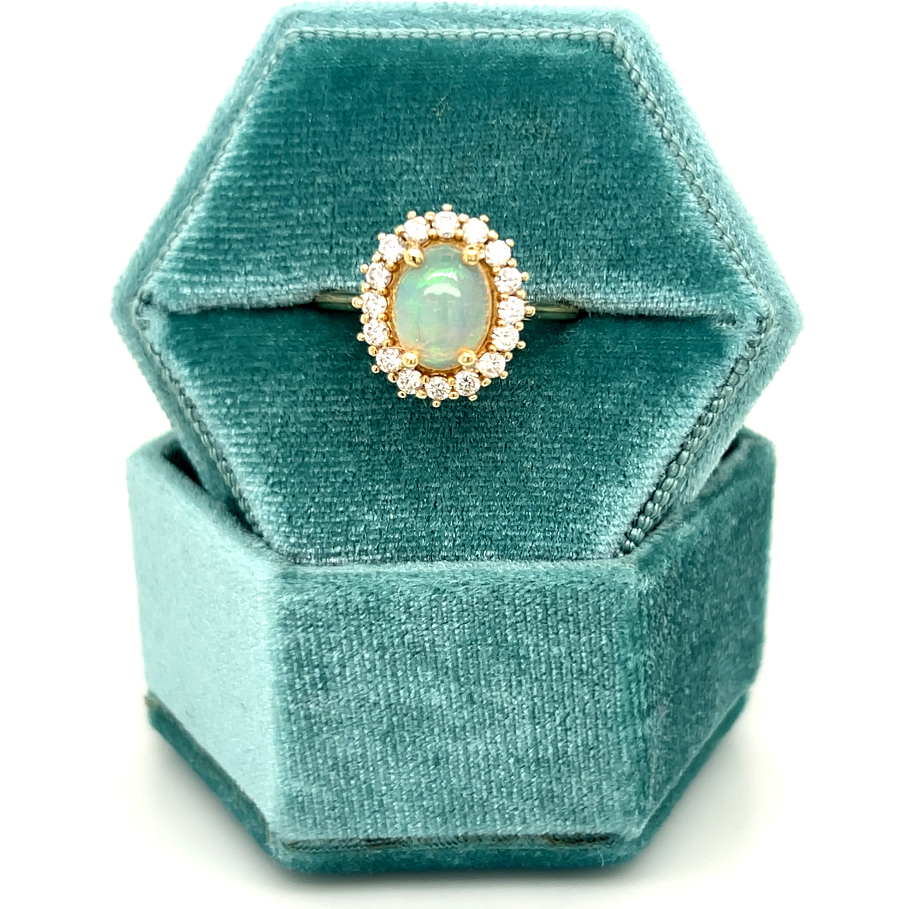14K Yellow Gold Oval Opal Cabochon & Diamond Halo Ring