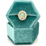 14K Yellow Gold Oval Opal Cabochon & Diamond Halo Ring