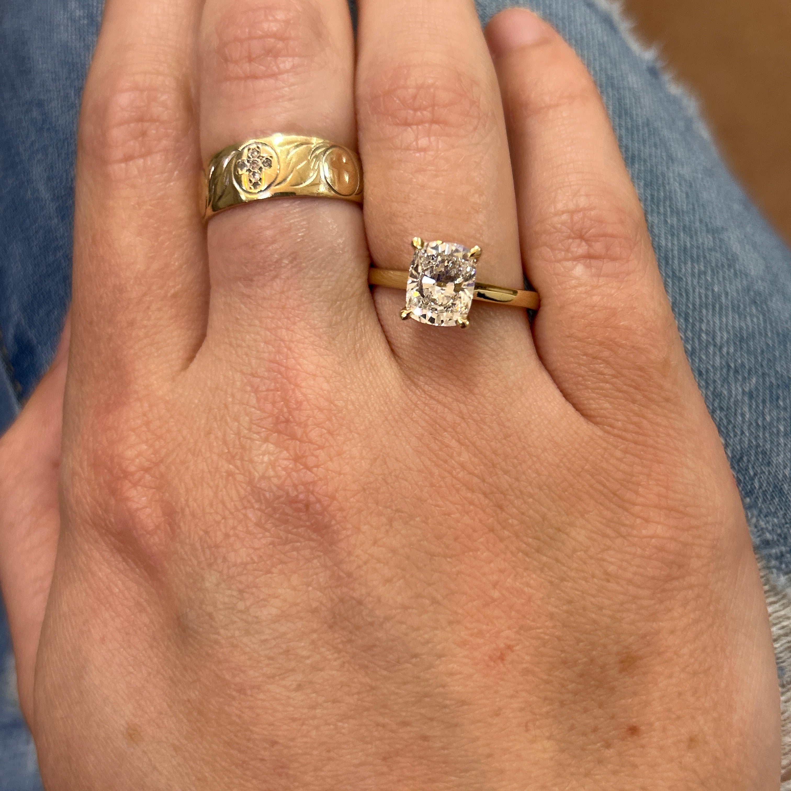 14K Yellow Gold 2.21 Carat Total Weight (2.04CT Elongated Cushion Cut D, VS1 Diamond Center IGI# 704577800) Hidden Halo Engagement Ring