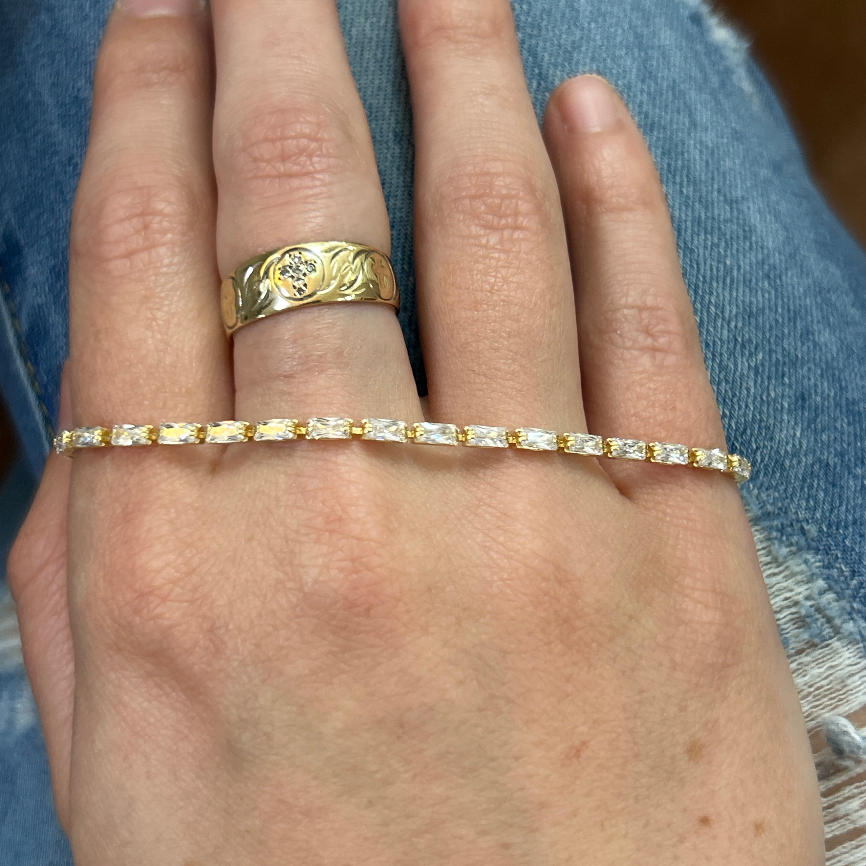 Sterling Silver Yellow Gold Baguette Cubic Zirconia Bracelet