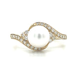 14K Yellow Gold Pearl Ring with Flowing Diamond Accents