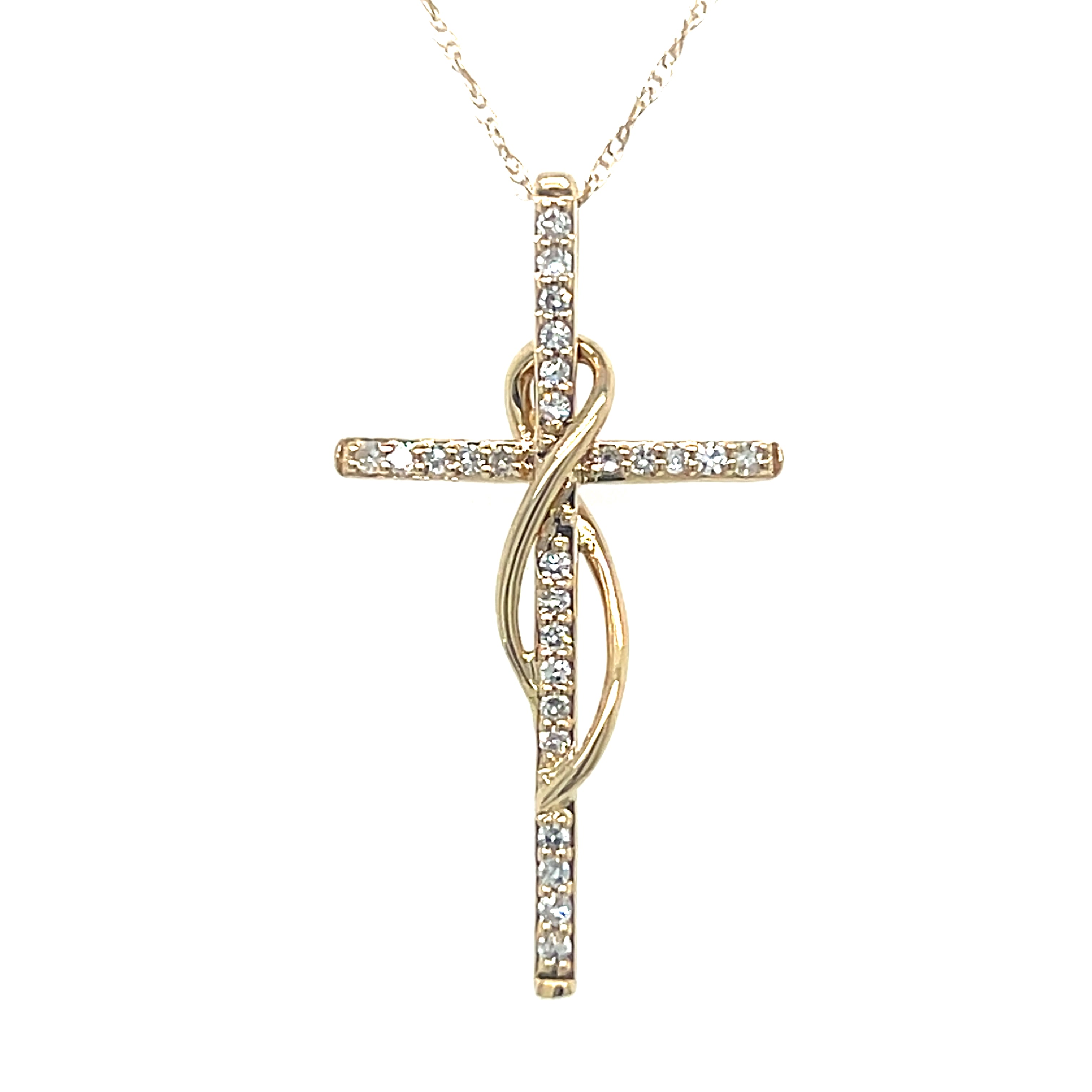 10K Yellow Gold 0.15 Carat Total Weight Diamond Twisted Cross Necklace