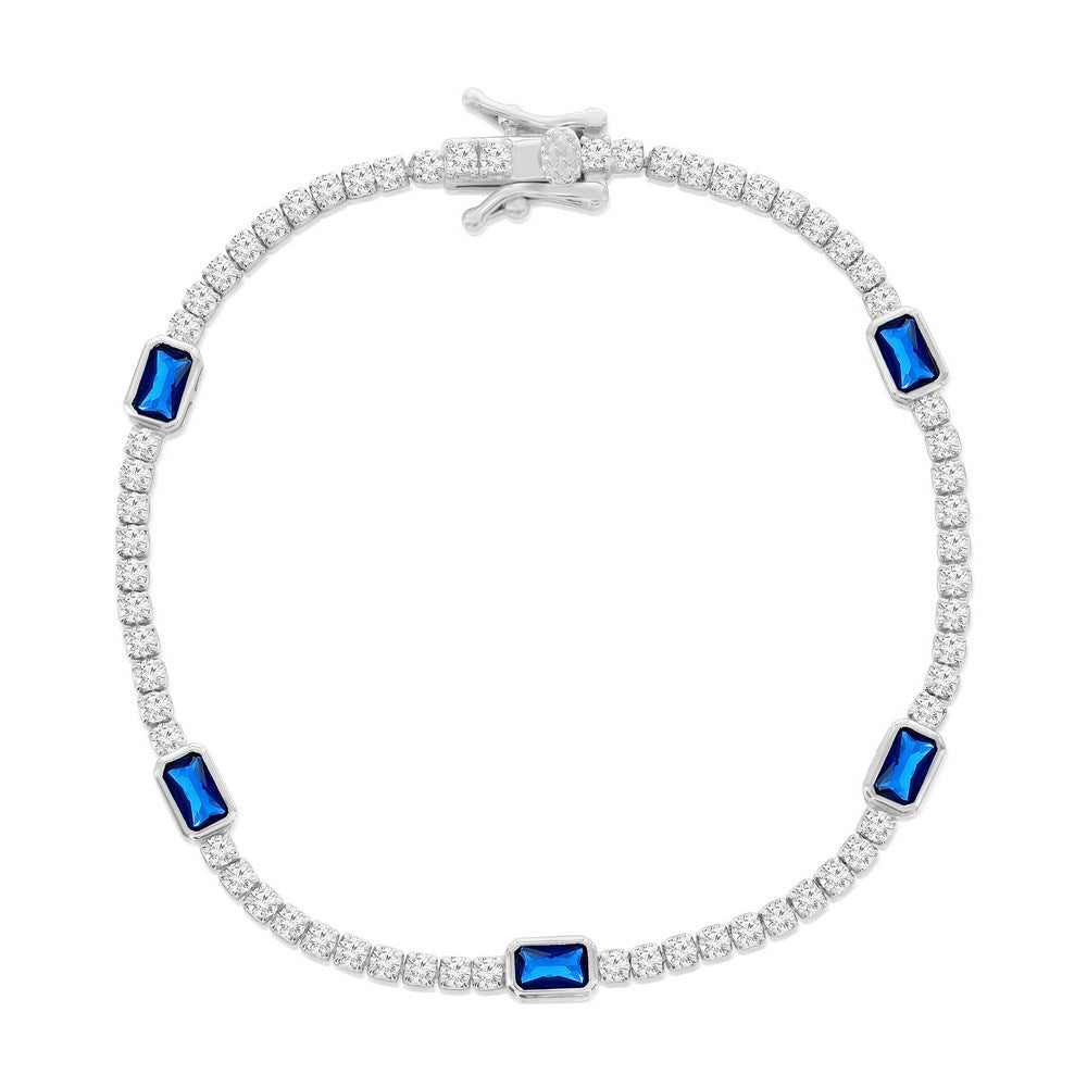 Sterling Silver, Rectangle Bezel-Set & Round CZ Bracelet - Sapphire 7"