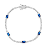 Sterling Silver, Rectangle Bezel-Set & Round CZ Bracelet - Sapphire 7"