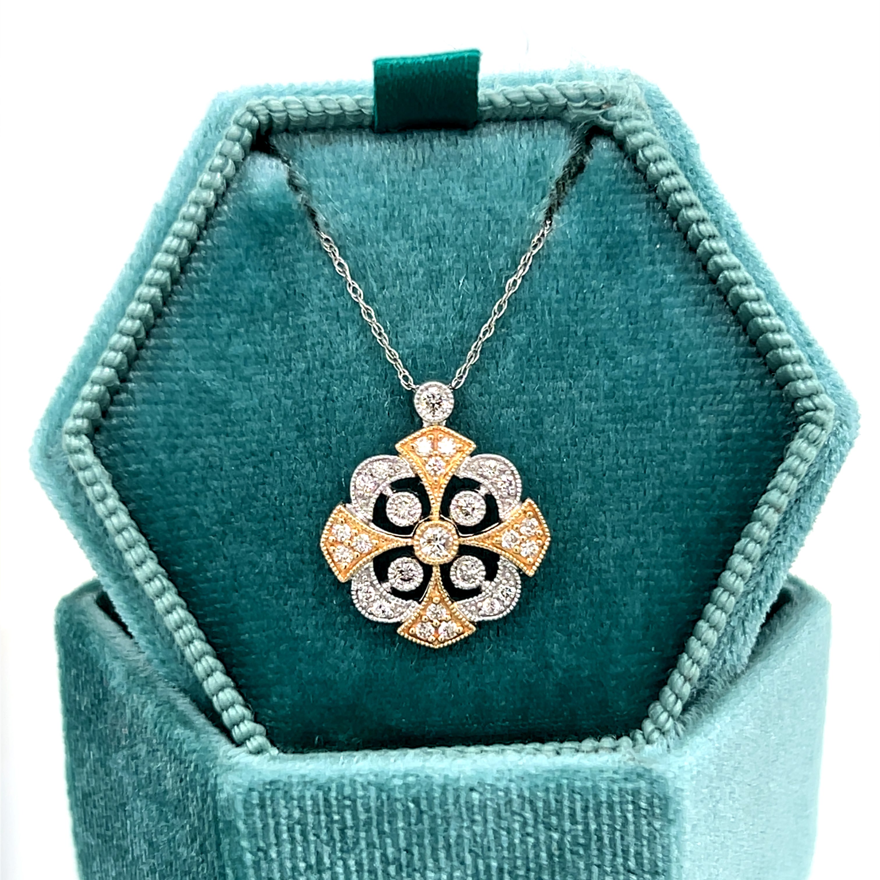 14K Yellow and White Gold 2.5g 1/3 Carat Total Weight Natural Diamond Milgrain Vintage Inspired Pendant with Chain