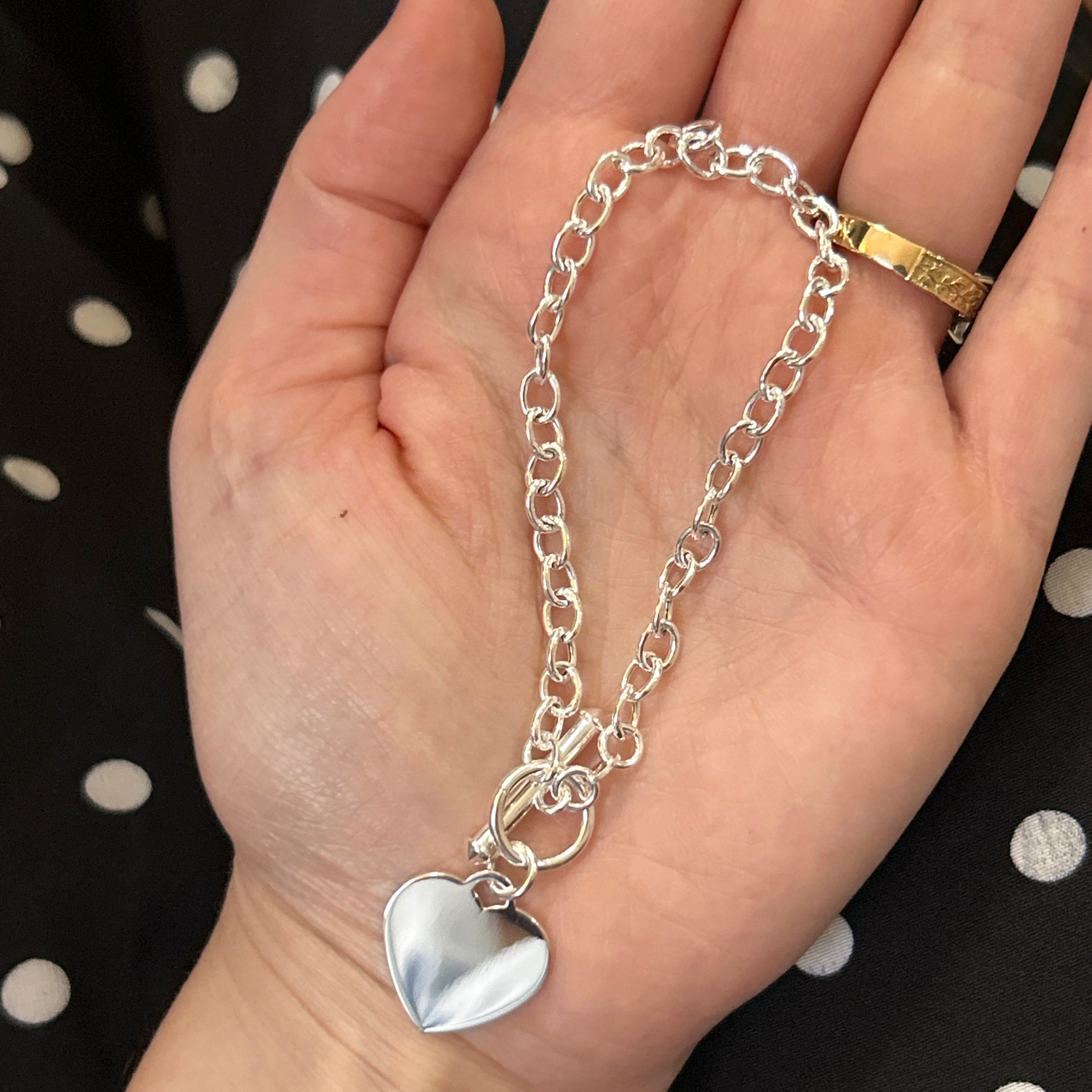 Sterling Silver Engravable Heart Charm Rolo Chain Toggle Bracelet 7.5"
