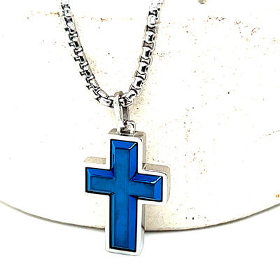 Stainless Steel Blue-IP Brushed Center Cross Necklace 22"